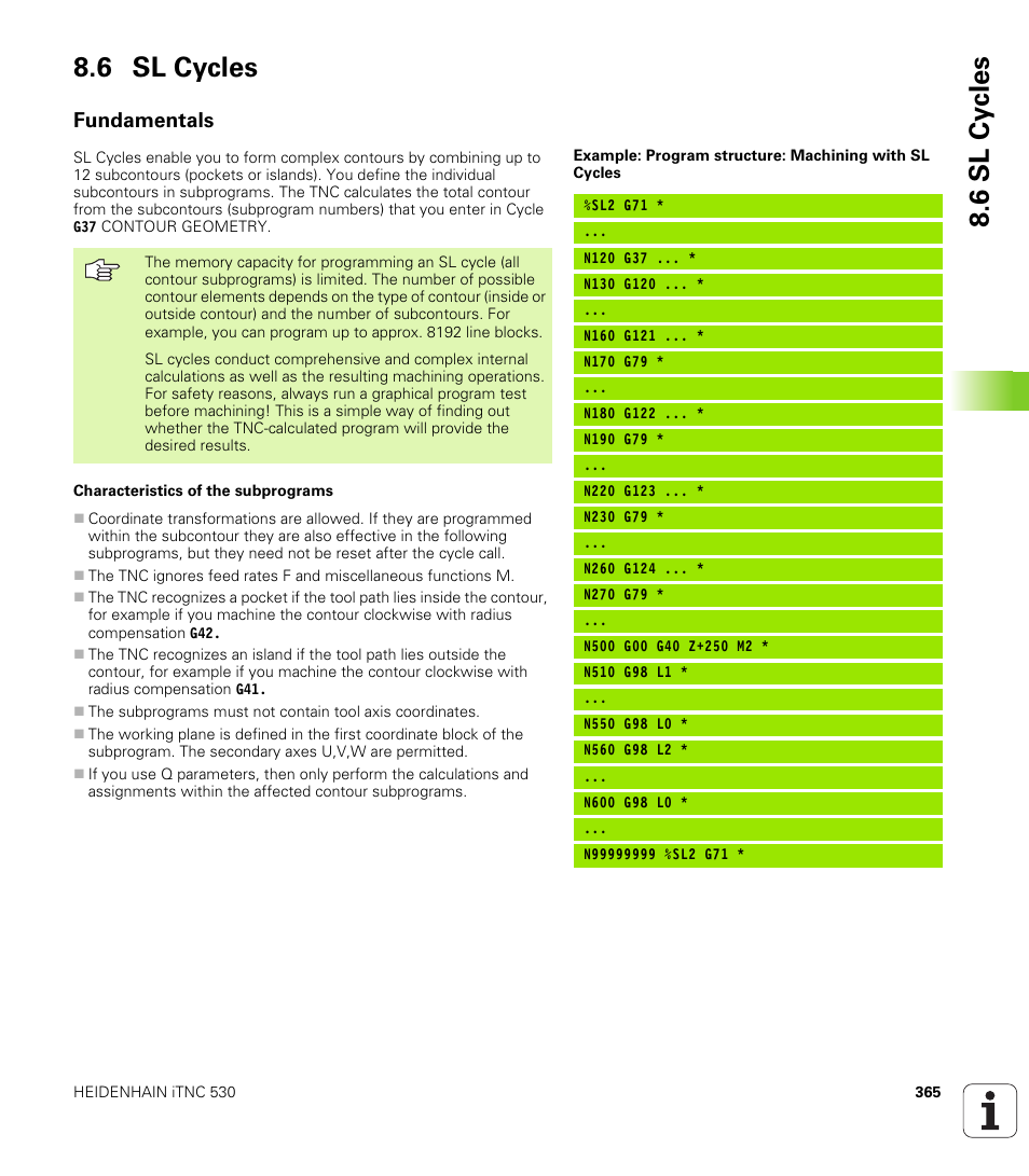 6 sl cycles, Fundamentals, 6 sl cy cles 8.6 sl cycles | HEIDENHAIN iTNC 530 (340 49x-02) ISO programming User Manual | Page 365 / 623