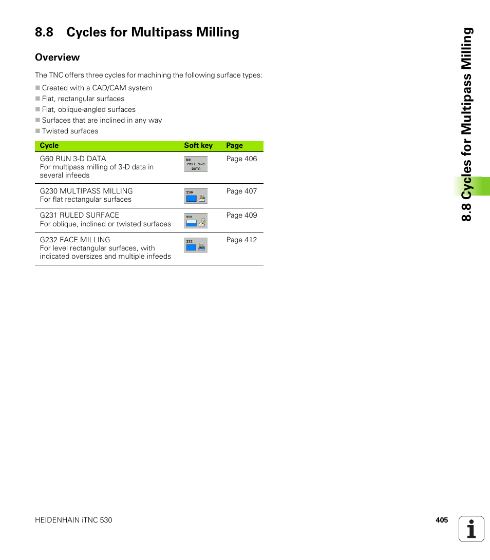 8 cycles for multipass milling, Overview | HEIDENHAIN iTNC 530 (340 49x-02) ISO programming User Manual | Page 405 / 623