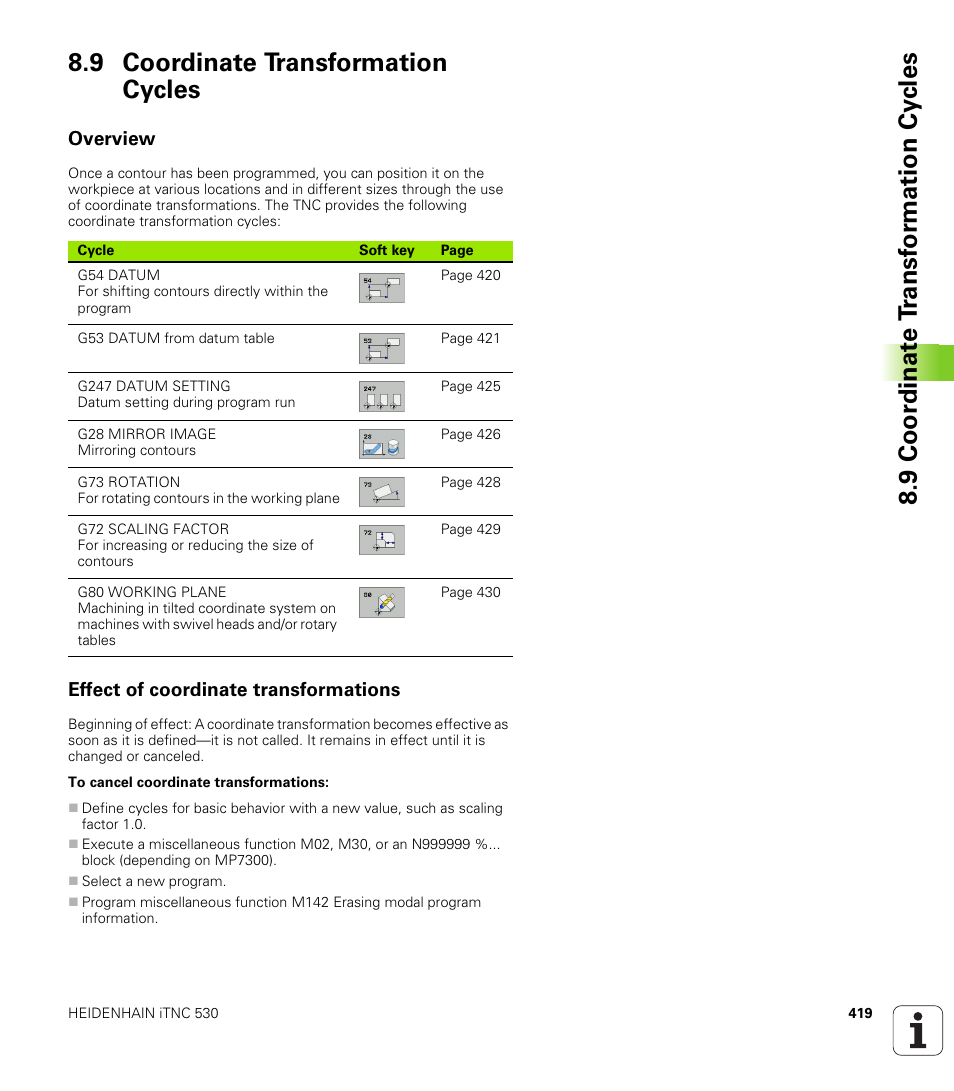 9 coordinate transformation cycles, Overview, Effect of coordinate transformations | HEIDENHAIN iTNC 530 (340 49x-02) ISO programming User Manual | Page 419 / 623