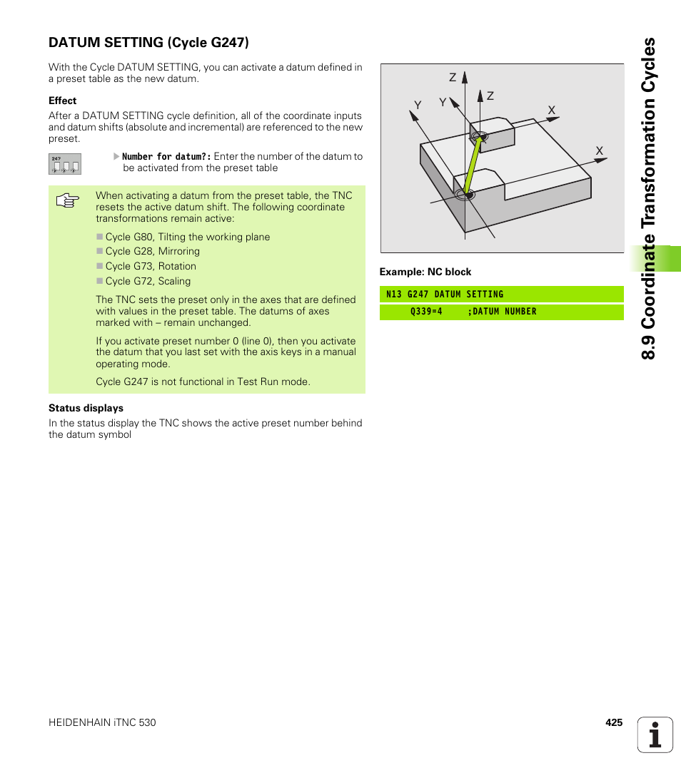 Datum setting (cycle g247), 9 coor di na te t ra n s for m a ti on cy cle s | HEIDENHAIN iTNC 530 (340 49x-02) ISO programming User Manual | Page 425 / 623