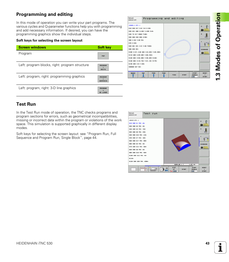 Programming and editing, Test run, 3 modes of oper ation | HEIDENHAIN iTNC 530 (340 49x-02) ISO programming User Manual | Page 43 / 623