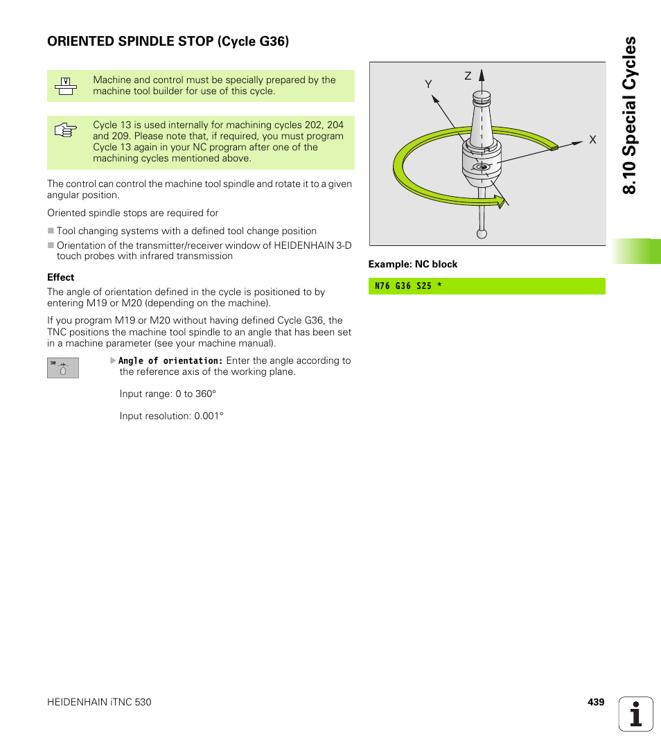 Oriented spindle stop (cycle g36), 1 0 special cy cles | HEIDENHAIN iTNC 530 (340 49x-02) ISO programming User Manual | Page 439 / 623