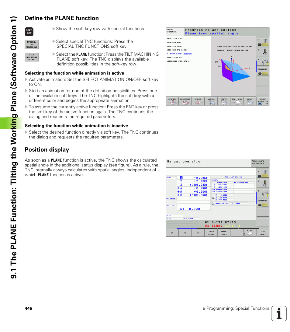 Define the plane function, Position display | HEIDENHAIN iTNC 530 (340 49x-02) ISO programming User Manual | Page 446 / 623