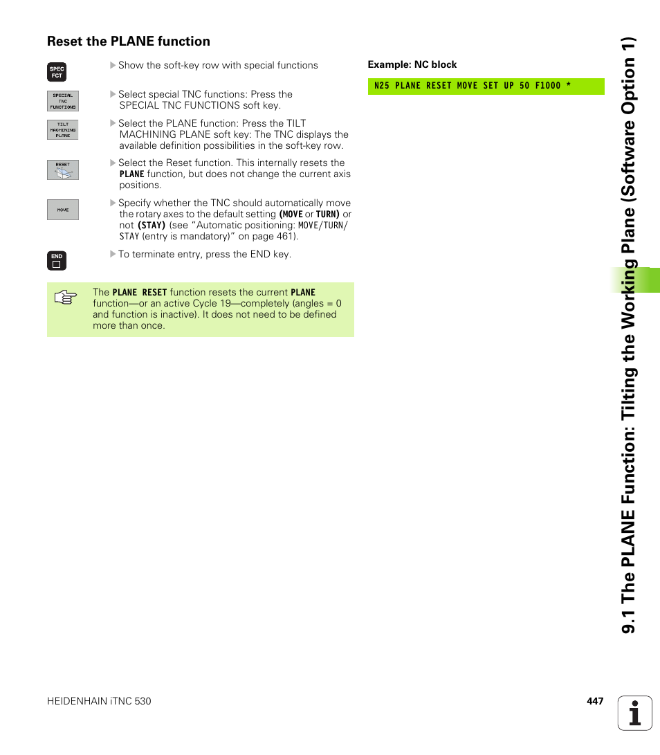 Reset the plane function | HEIDENHAIN iTNC 530 (340 49x-02) ISO programming User Manual | Page 447 / 623