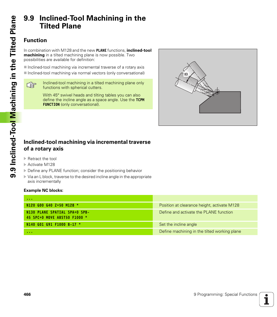 9 inclined-tool machining in the tilted plane, Function | HEIDENHAIN iTNC 530 (340 49x-02) ISO programming User Manual | Page 466 / 623