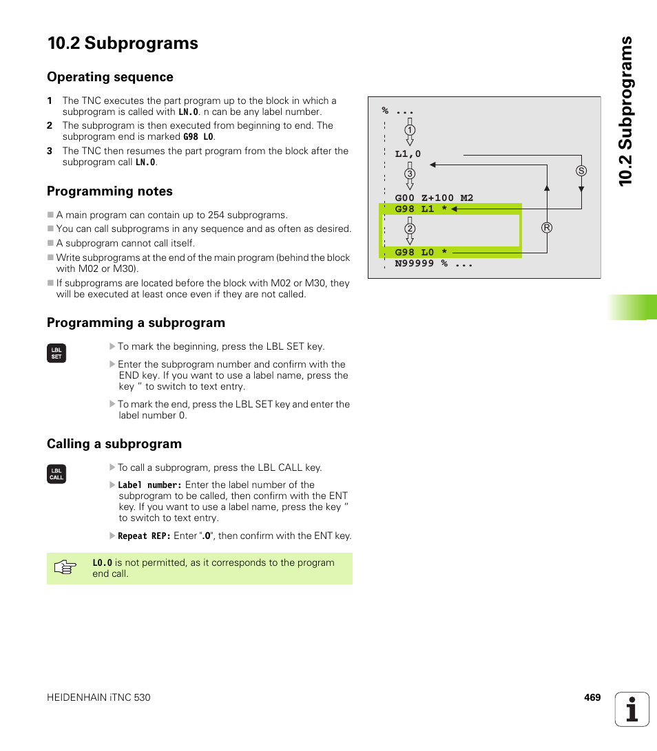 2 subprograms, Operating sequence, Programming notes | Programming a subprogram, Calling a subprogram | HEIDENHAIN iTNC 530 (340 49x-02) ISO programming User Manual | Page 469 / 623