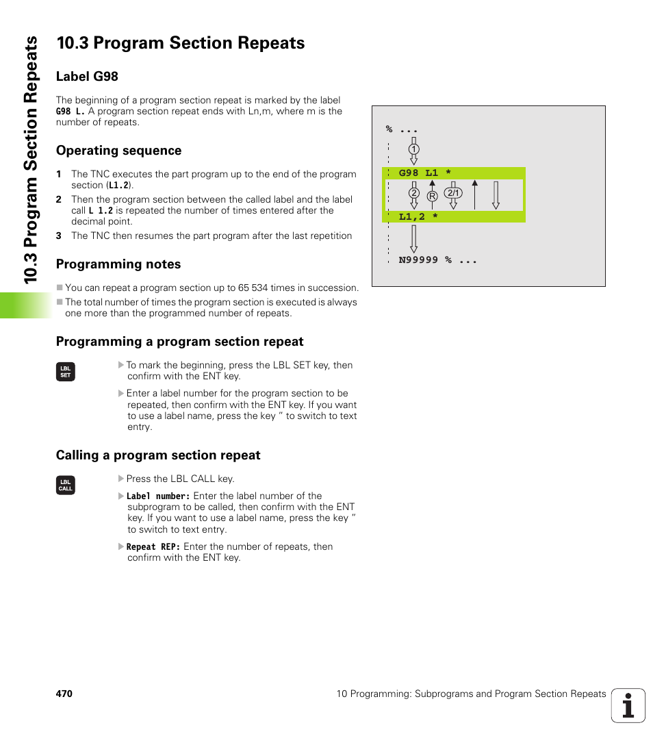 3 program section repeats, Label g98, Operating sequence | Programming notes, Programming a program section repeat, Calling a program section repeat | HEIDENHAIN iTNC 530 (340 49x-02) ISO programming User Manual | Page 470 / 623