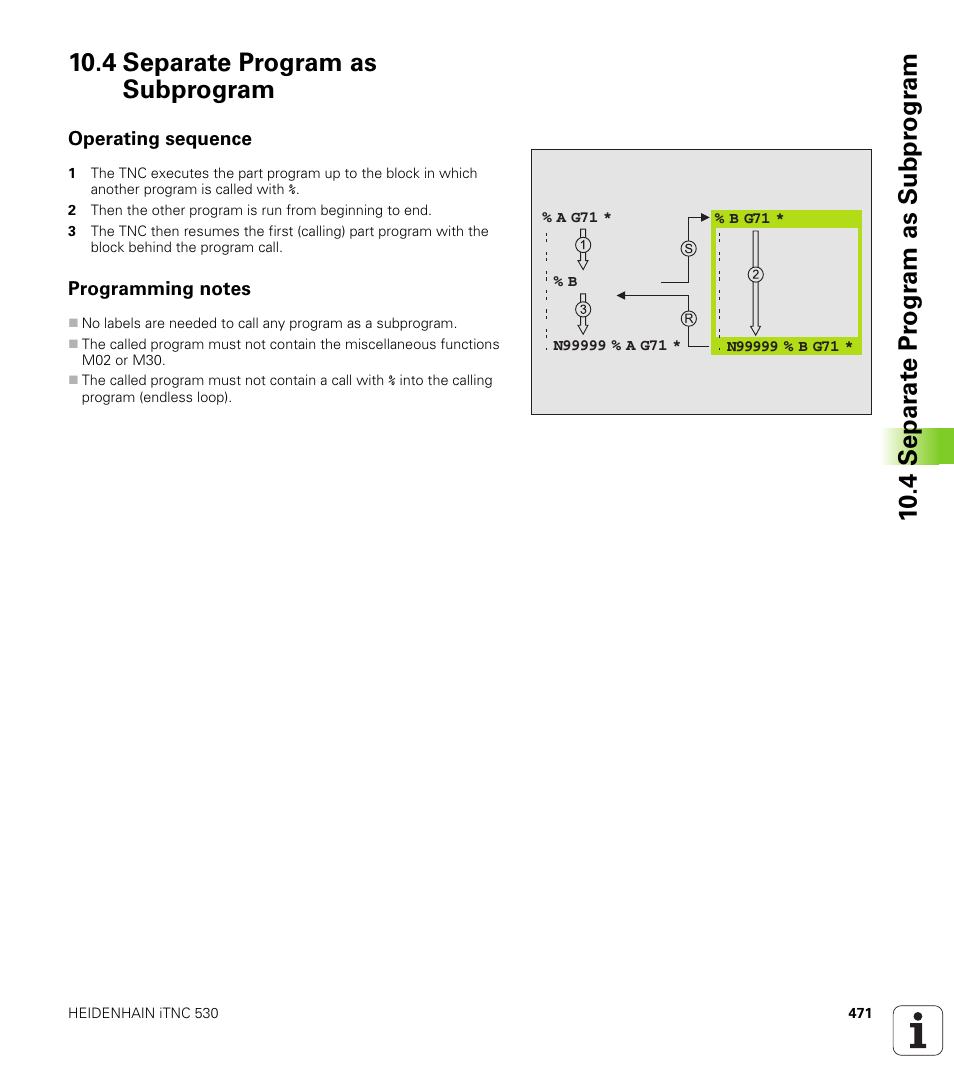 4 separate program as subprogram, Operating sequence, Programming notes | HEIDENHAIN iTNC 530 (340 49x-02) ISO programming User Manual | Page 471 / 623