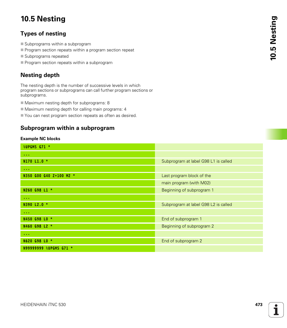 5 nesting, Types of nesting, Nesting depth | Subprogram within a subprogram | HEIDENHAIN iTNC 530 (340 49x-02) ISO programming User Manual | Page 473 / 623