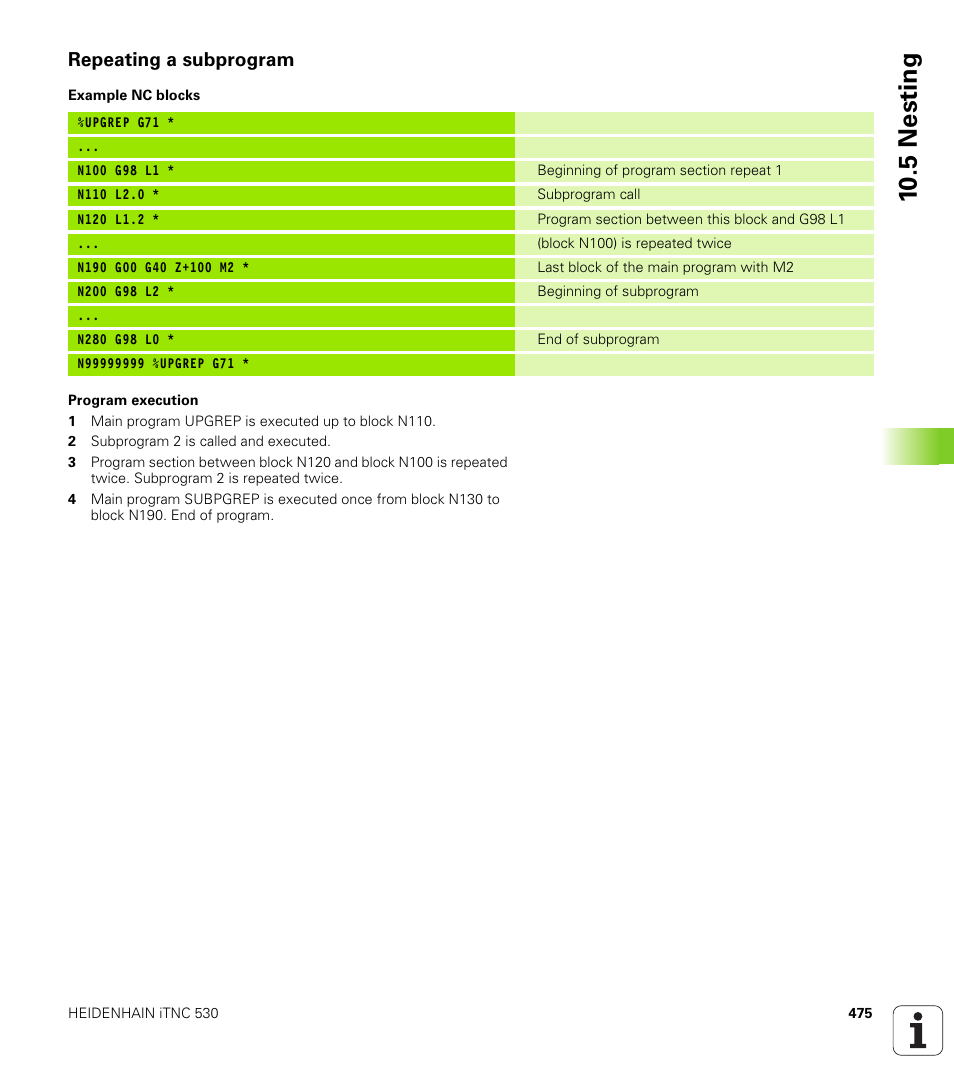 Repeating a subprogram, 10 .5 nesting | HEIDENHAIN iTNC 530 (340 49x-02) ISO programming User Manual | Page 475 / 623