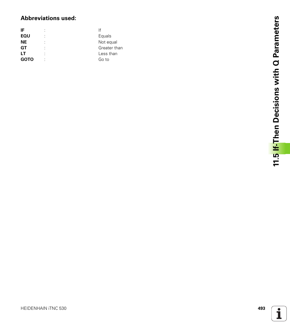 Abbreviations used, 5 if-then decisions with q p ar amet ers | HEIDENHAIN iTNC 530 (340 49x-02) ISO programming User Manual | Page 493 / 623