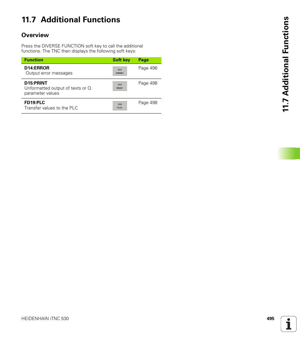 7 additional functions, Overview | HEIDENHAIN iTNC 530 (340 49x-02) ISO programming User Manual | Page 495 / 623