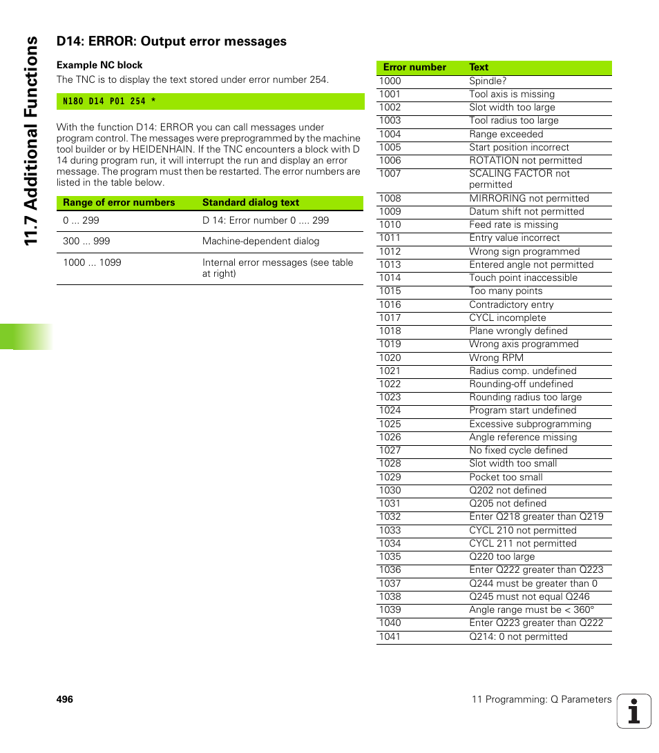 D14: error: output error messages, 7 a d ditional f unctions | HEIDENHAIN iTNC 530 (340 49x-02) ISO programming User Manual | Page 496 / 623