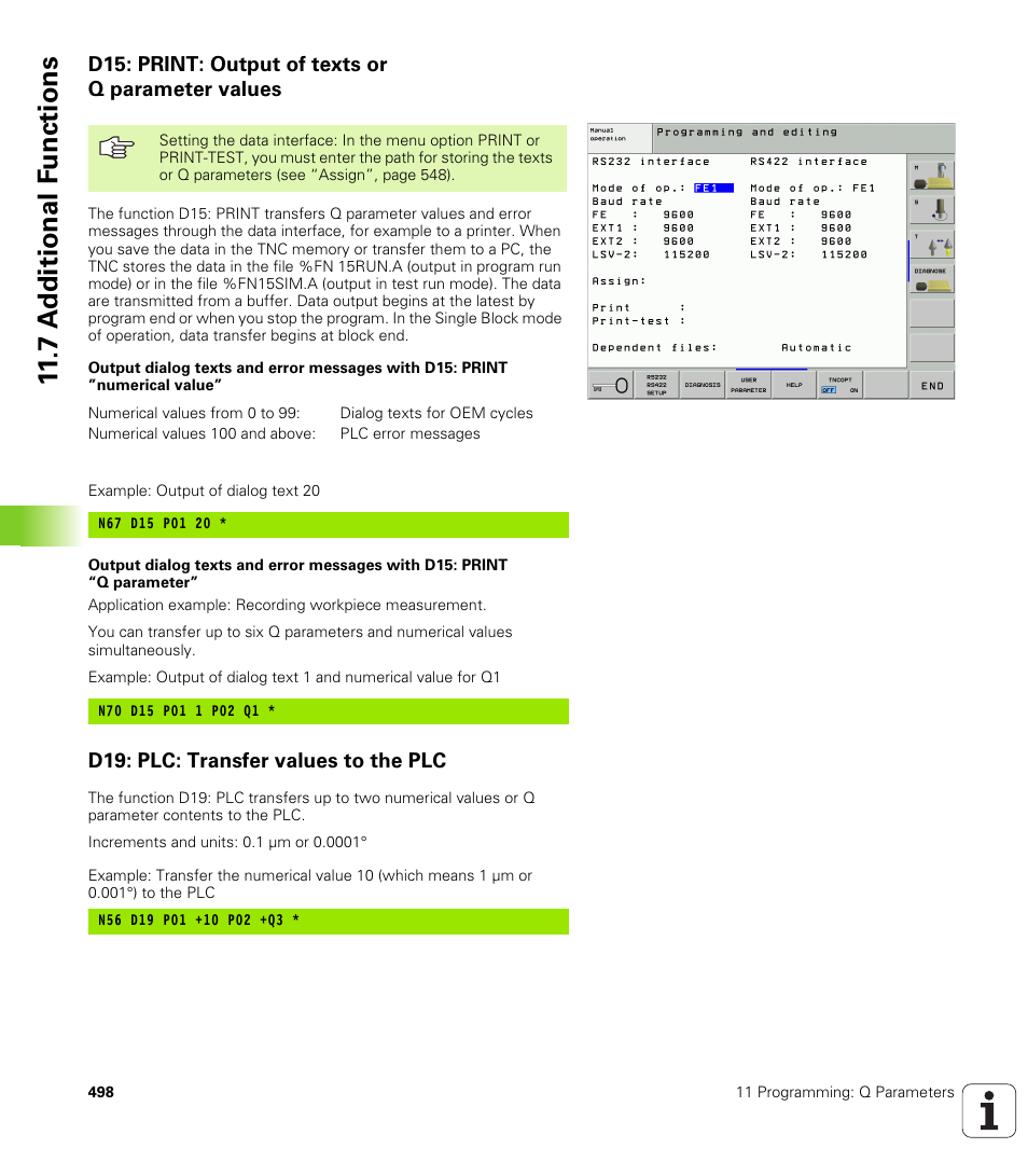 D15: print: output of texts or q parameter values, D19: plc: transfer values to the plc, 7 a d ditional f unctions | HEIDENHAIN iTNC 530 (340 49x-02) ISO programming User Manual | Page 498 / 623