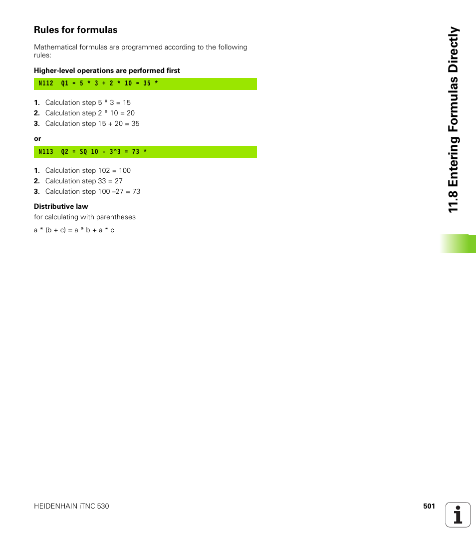 Rules for formulas, 8 ent er ing f o rm ulas dir e ctly | HEIDENHAIN iTNC 530 (340 49x-02) ISO programming User Manual | Page 501 / 623