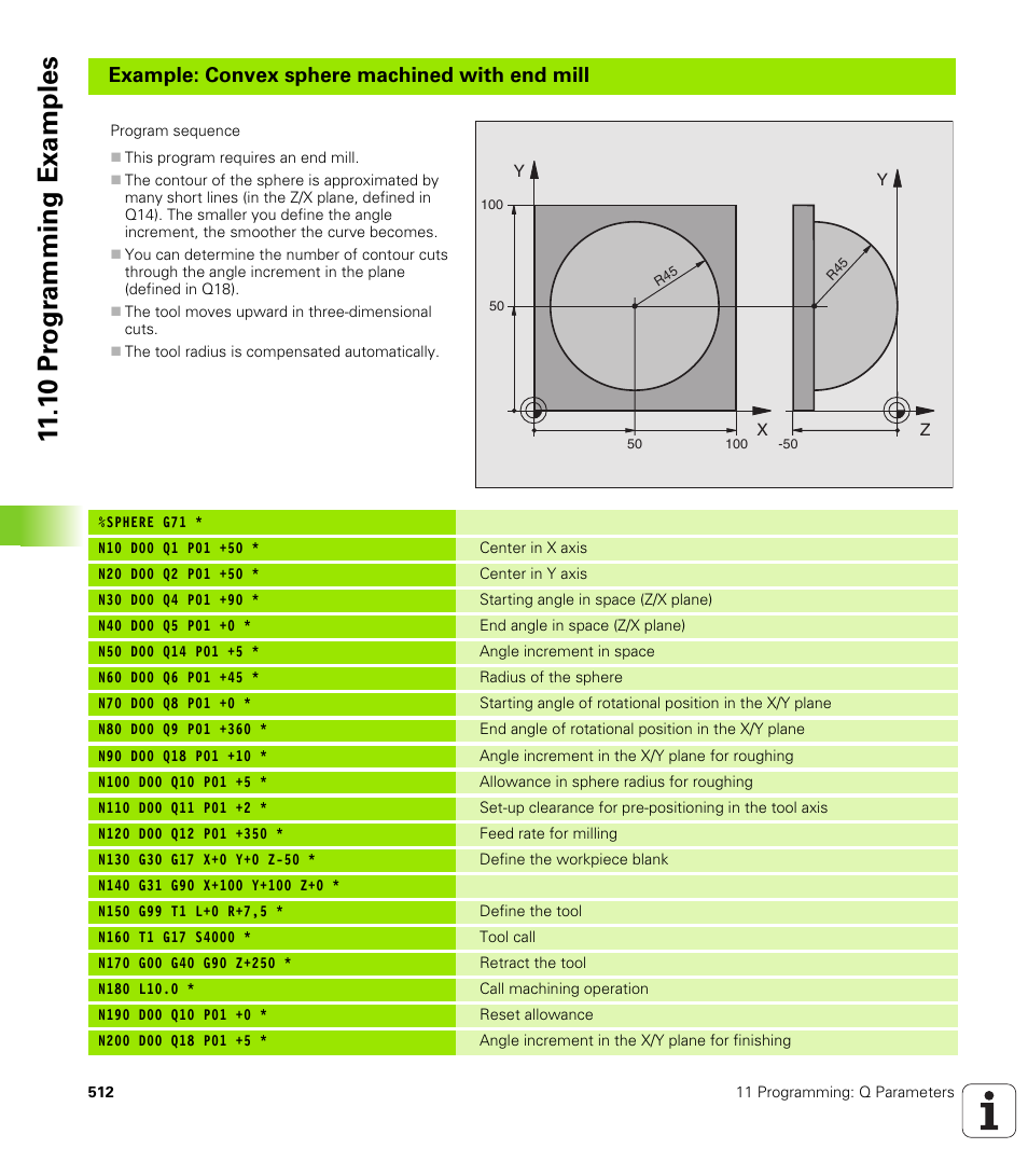 1 0 pr ogr amming examples, Example: convex sphere machined with end mill | HEIDENHAIN iTNC 530 (340 49x-02) ISO programming User Manual | Page 512 / 623