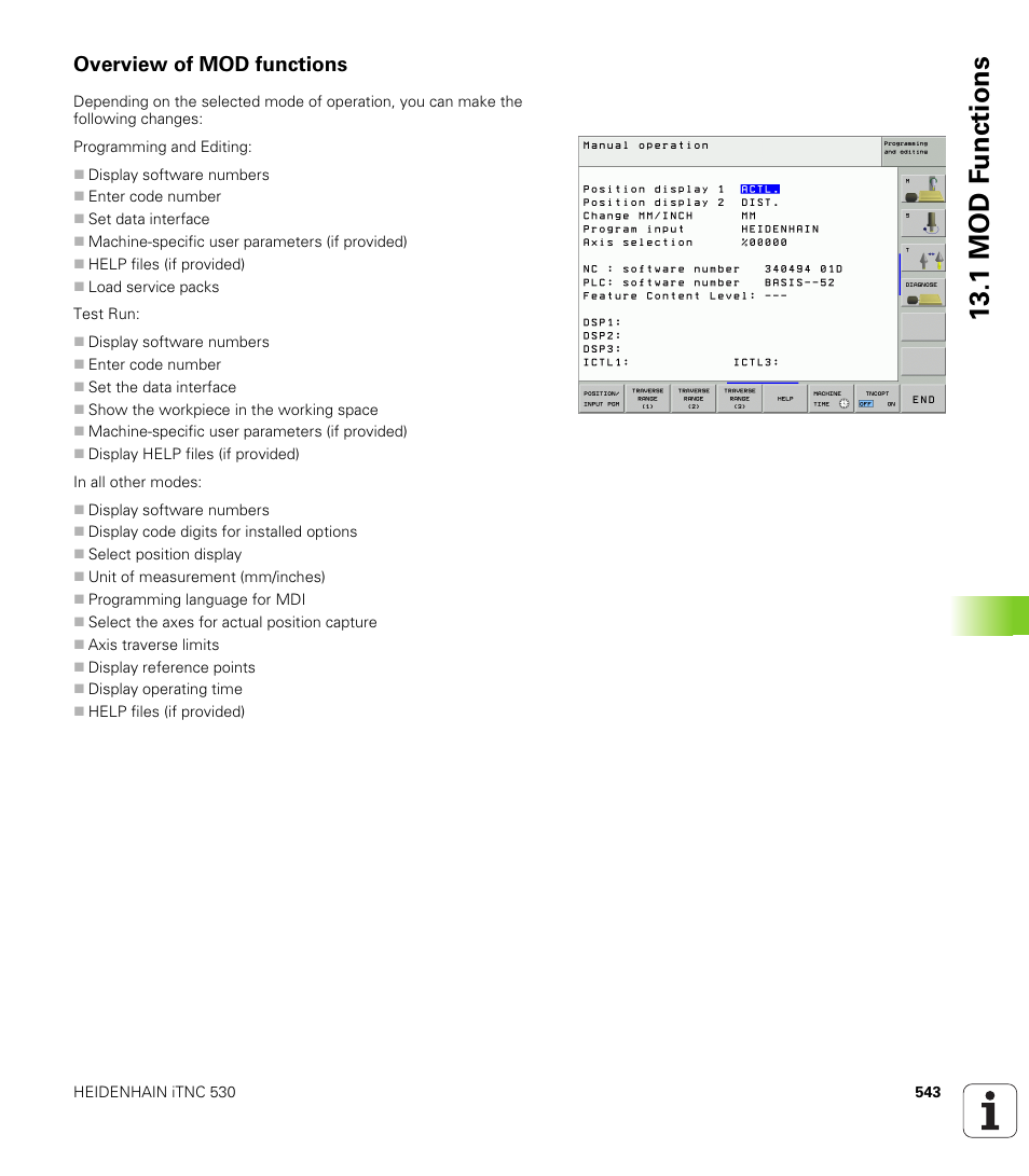 Overview of mod functions, 1 mod f unctions | HEIDENHAIN iTNC 530 (340 49x-02) ISO programming User Manual | Page 543 / 623