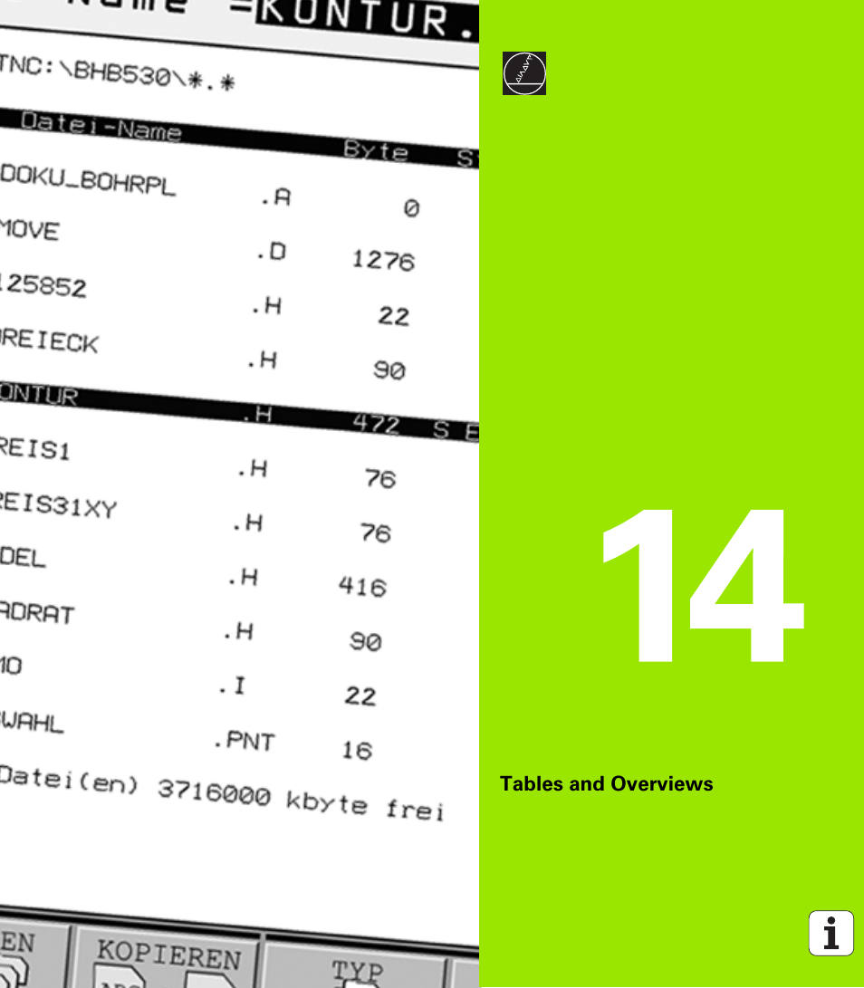 Tables and overviews, 14 tables and overviews | HEIDENHAIN iTNC 530 (340 49x-02) ISO programming User Manual | Page 575 / 623