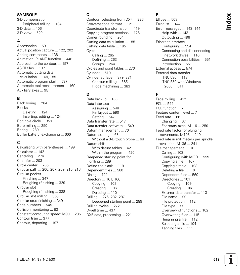 Index | HEIDENHAIN iTNC 530 (340 49x-02) ISO programming User Manual | Page 613 / 623