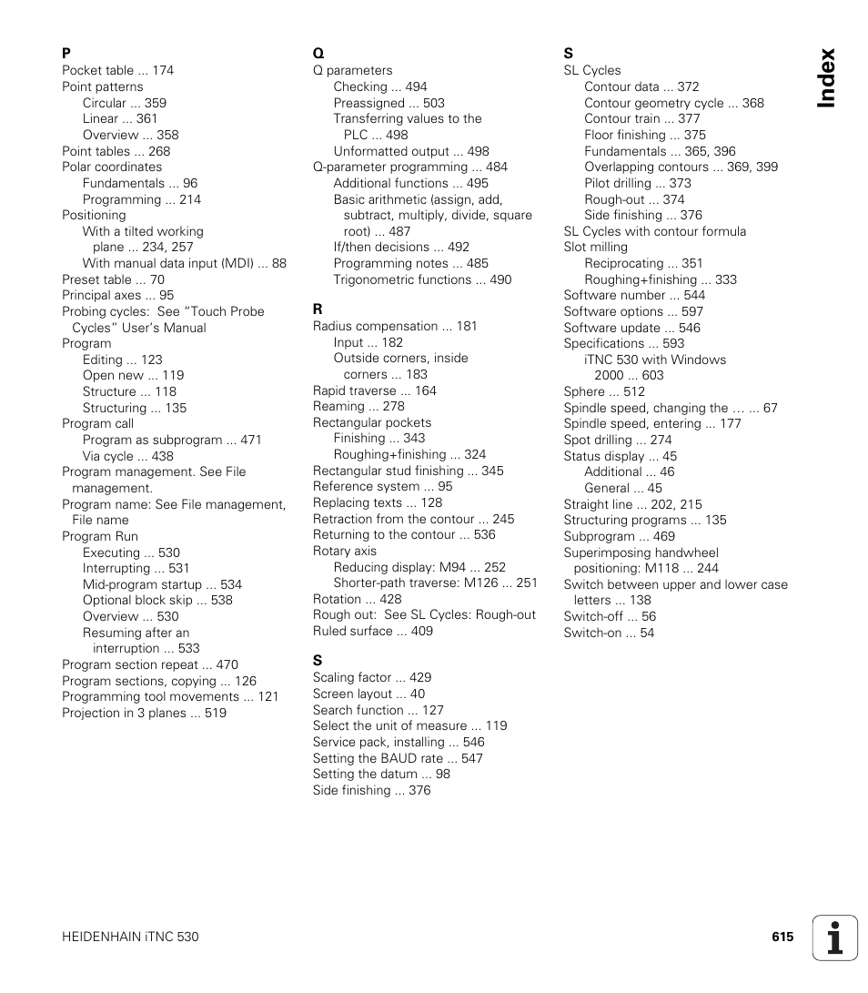 Index | HEIDENHAIN iTNC 530 (340 49x-02) ISO programming User Manual | Page 615 / 623