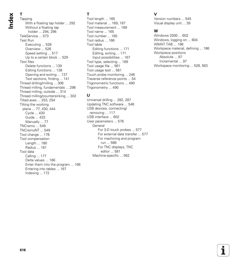 Index | HEIDENHAIN iTNC 530 (340 49x-02) ISO programming User Manual | Page 616 / 623