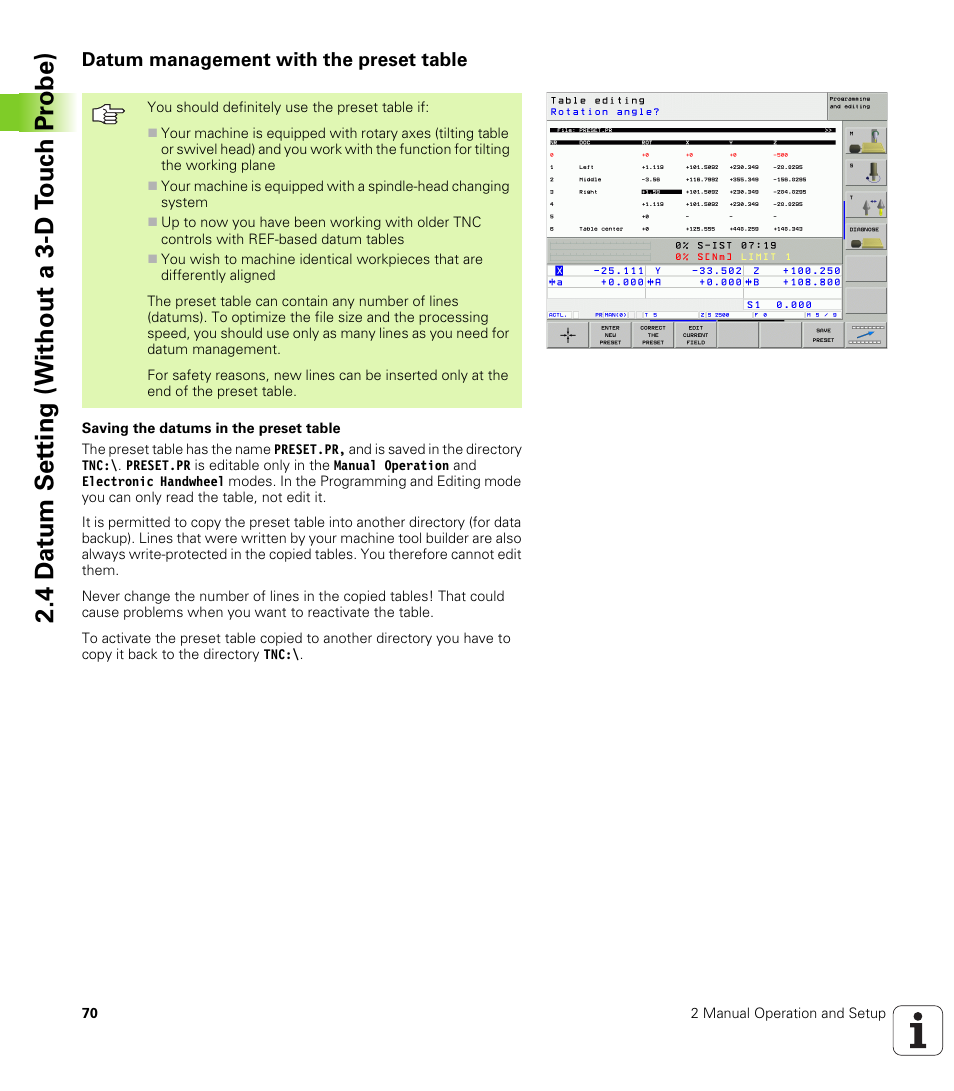 Datum management with the preset table, 4 d a tu m set ting (without a 3-d t ouc h pr obe) | HEIDENHAIN iTNC 530 (340 49x-02) ISO programming User Manual | Page 70 / 623