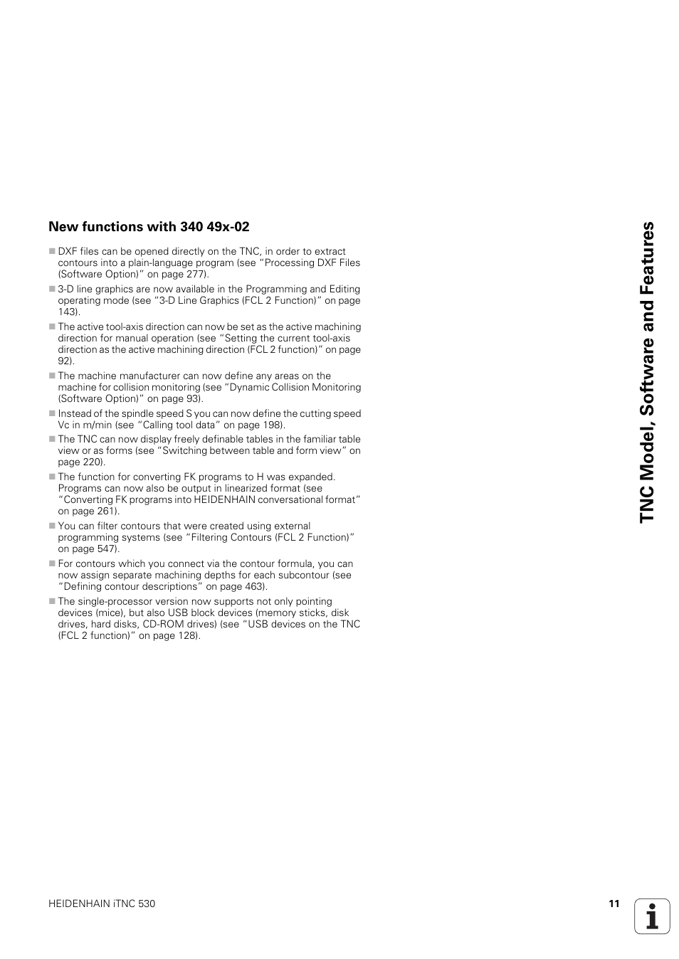 New functions with 340 49x-02, Tnc model, sof tw a re and f eat ur es | HEIDENHAIN iTNC 530 (340 49x-03) User Manual | Page 11 / 753