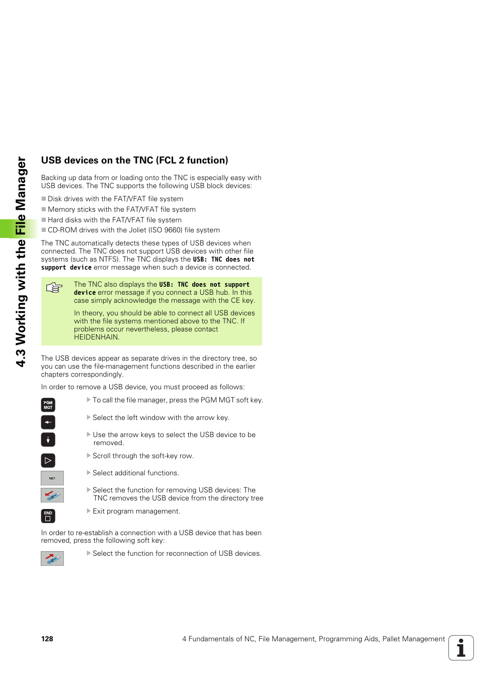 Usb devices on the tnc (fcl 2 function), 3 w o rk ing with the file manag e r | HEIDENHAIN iTNC 530 (340 49x-03) User Manual | Page 128 / 753