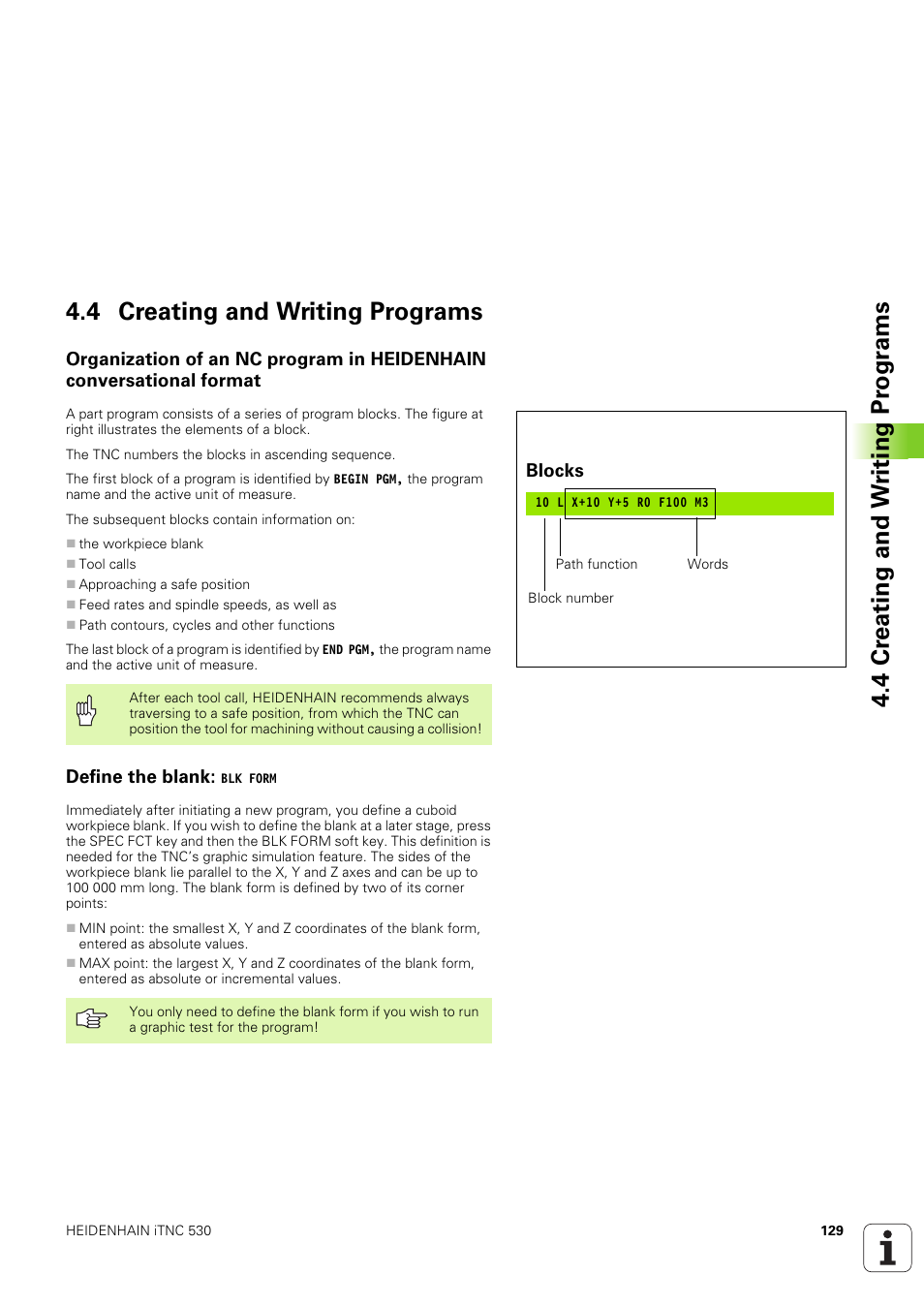 4 creating and writing programs, Define the blank: blk form, Define the blank | HEIDENHAIN iTNC 530 (340 49x-03) User Manual | Page 129 / 753