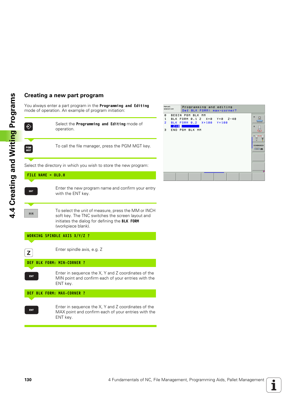 Creating a new part program, 4 cr eating and w riting pr ogr a ms | HEIDENHAIN iTNC 530 (340 49x-03) User Manual | Page 130 / 753