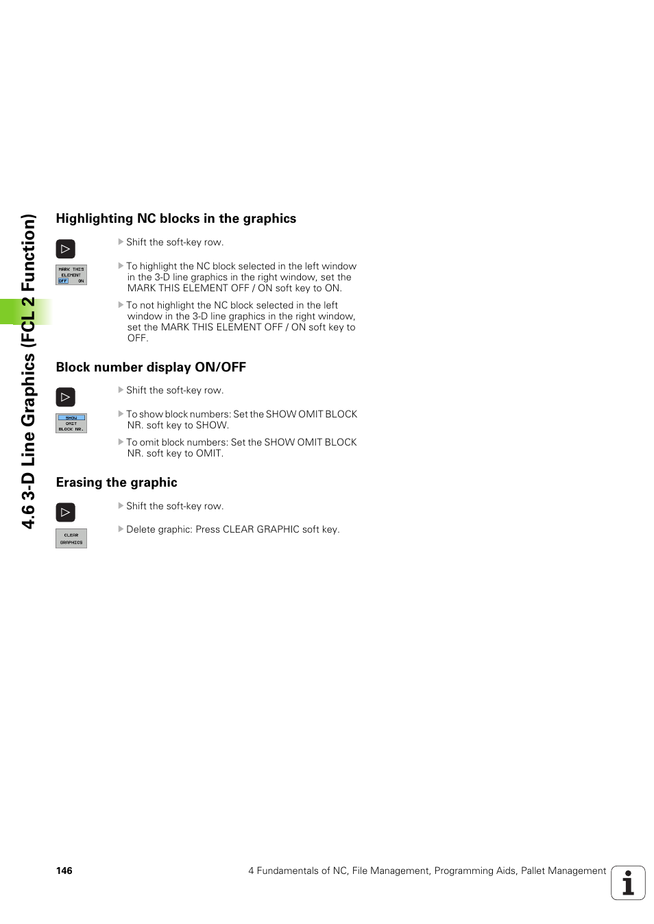 Highlighting nc blocks in the graphics, Block number display on/off, Erasing the graphic | 6 3-d line gr aphics (fcl 2 f unction) | HEIDENHAIN iTNC 530 (340 49x-03) User Manual | Page 146 / 753