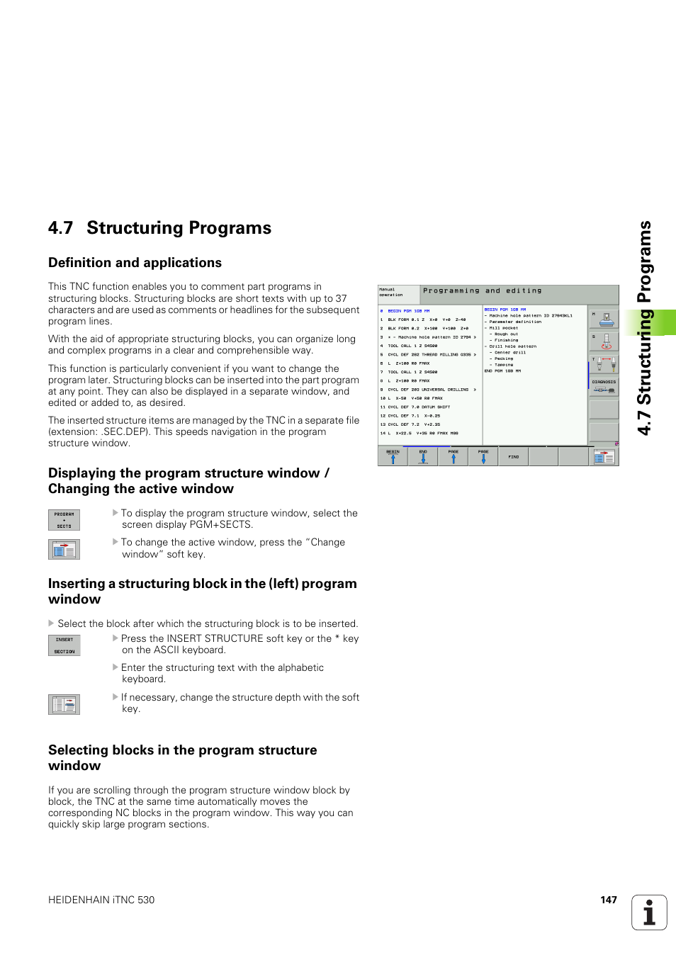 7 structuring programs, Definition and applications, Selecting blocks in the program structure window | HEIDENHAIN iTNC 530 (340 49x-03) User Manual | Page 147 / 753