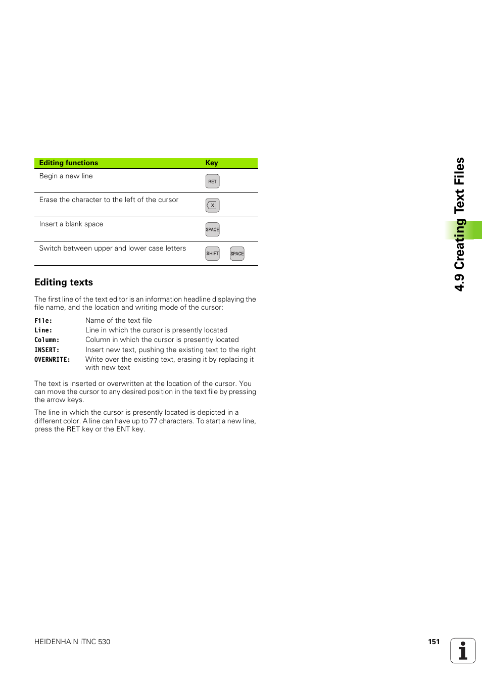 Editing texts, 9 cr eating t ext files | HEIDENHAIN iTNC 530 (340 49x-03) User Manual | Page 151 / 753