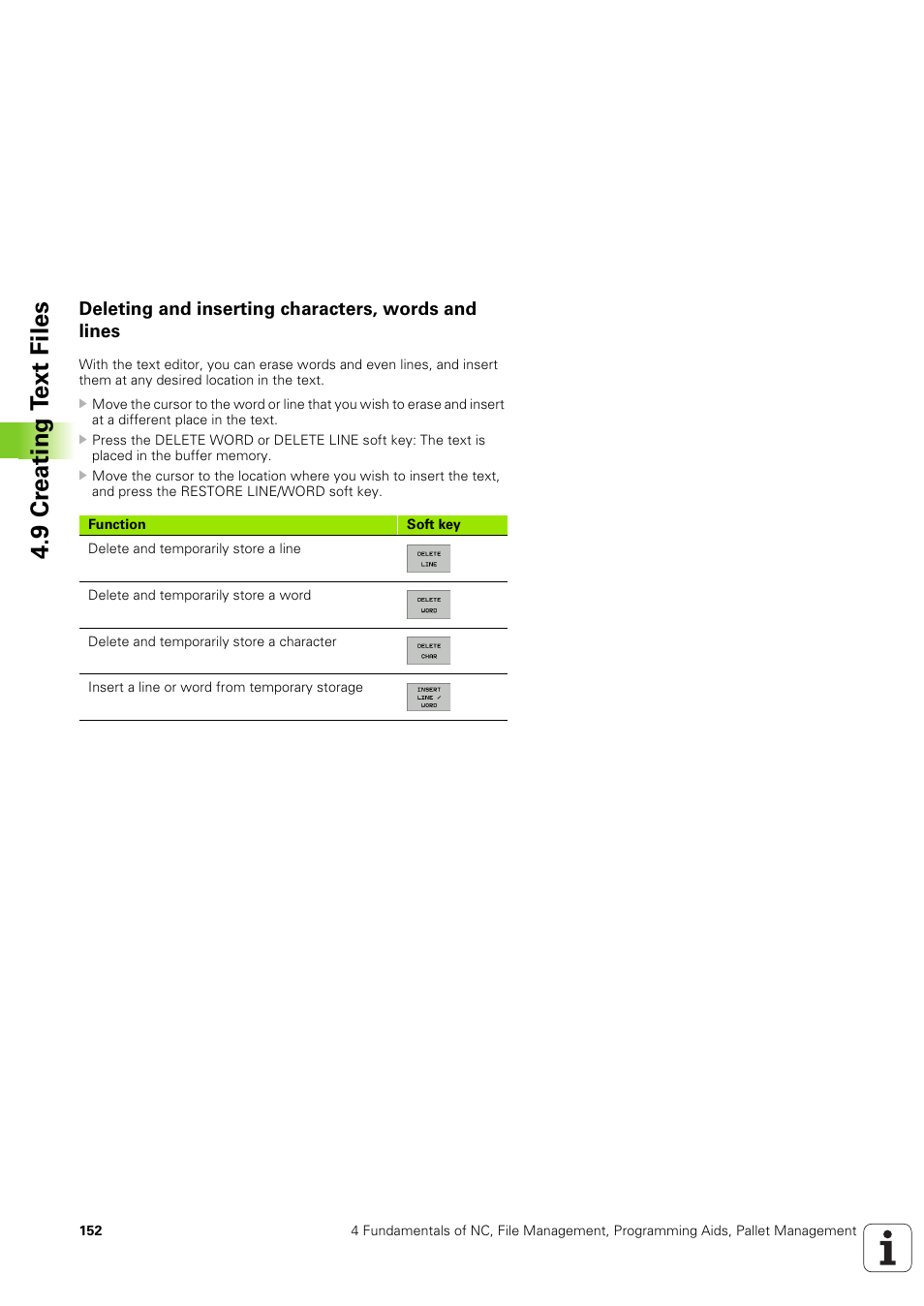 Deleting and inserting characters, words and lines, 9 cr eating t ext files | HEIDENHAIN iTNC 530 (340 49x-03) User Manual | Page 152 / 753