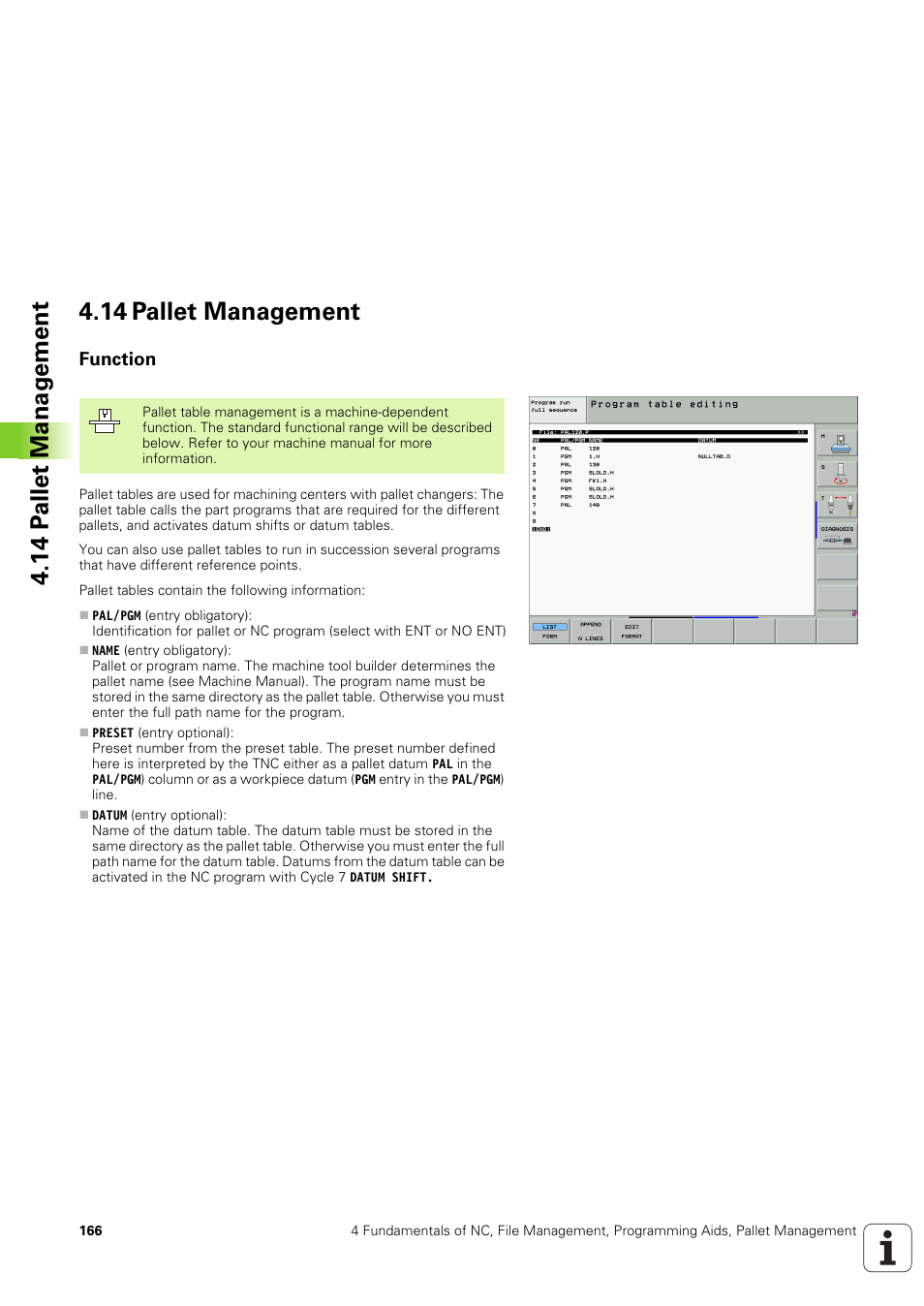 14 pallet management, Function | HEIDENHAIN iTNC 530 (340 49x-03) User Manual | Page 166 / 753