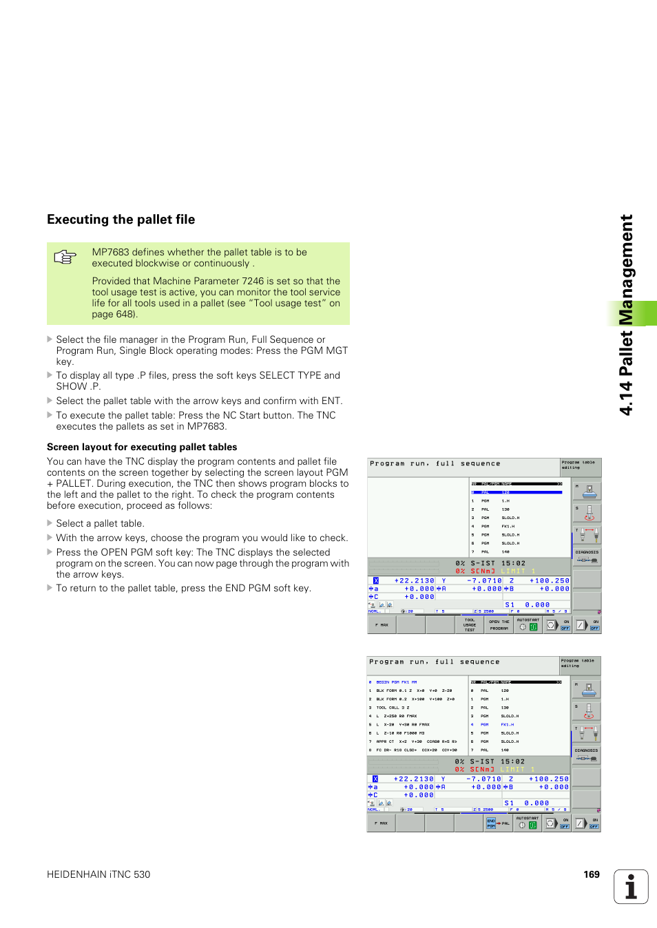 Executing the pallet file, 14 p a llet manag e ment | HEIDENHAIN iTNC 530 (340 49x-03) User Manual | Page 169 / 753