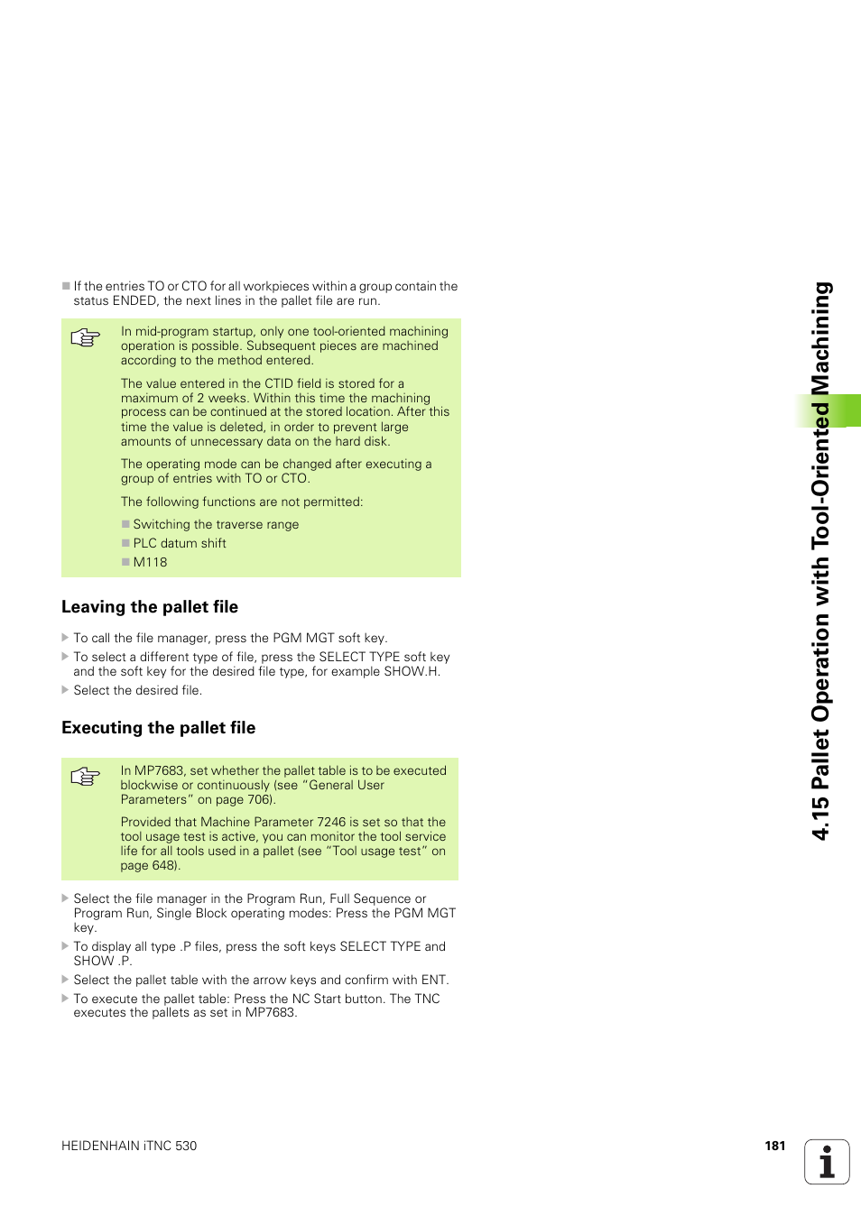 Leaving the pallet file, Executing the pallet file | HEIDENHAIN iTNC 530 (340 49x-03) User Manual | Page 181 / 753