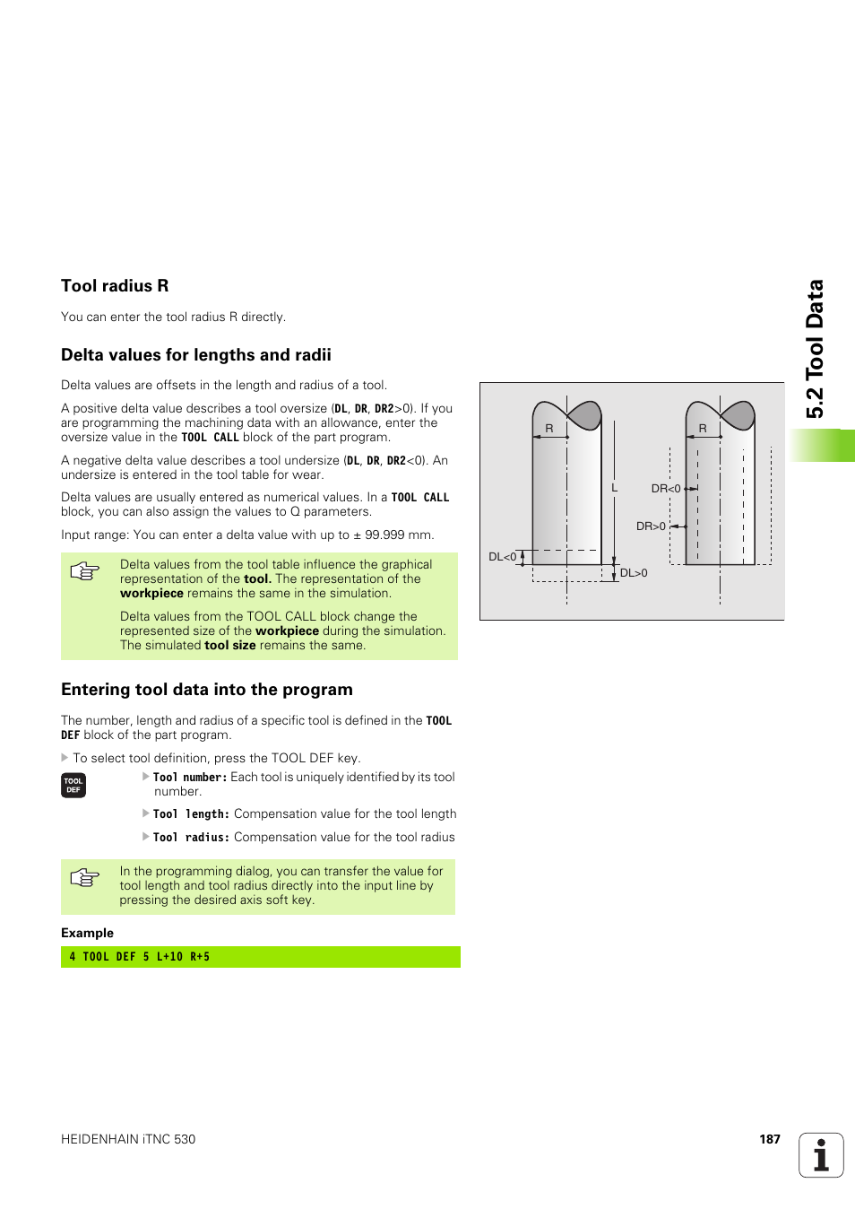 Tool radius r, Delta values for lengths and radii, Entering tool data into the program | 2 t o ol d a ta | HEIDENHAIN iTNC 530 (340 49x-03) User Manual | Page 187 / 753