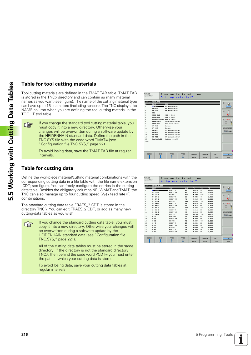Table for tool cutting materials, Table for cutting data, 5 w o rk ing with cut ting d a ta t a bles | HEIDENHAIN iTNC 530 (340 49x-03) User Manual | Page 216 / 753