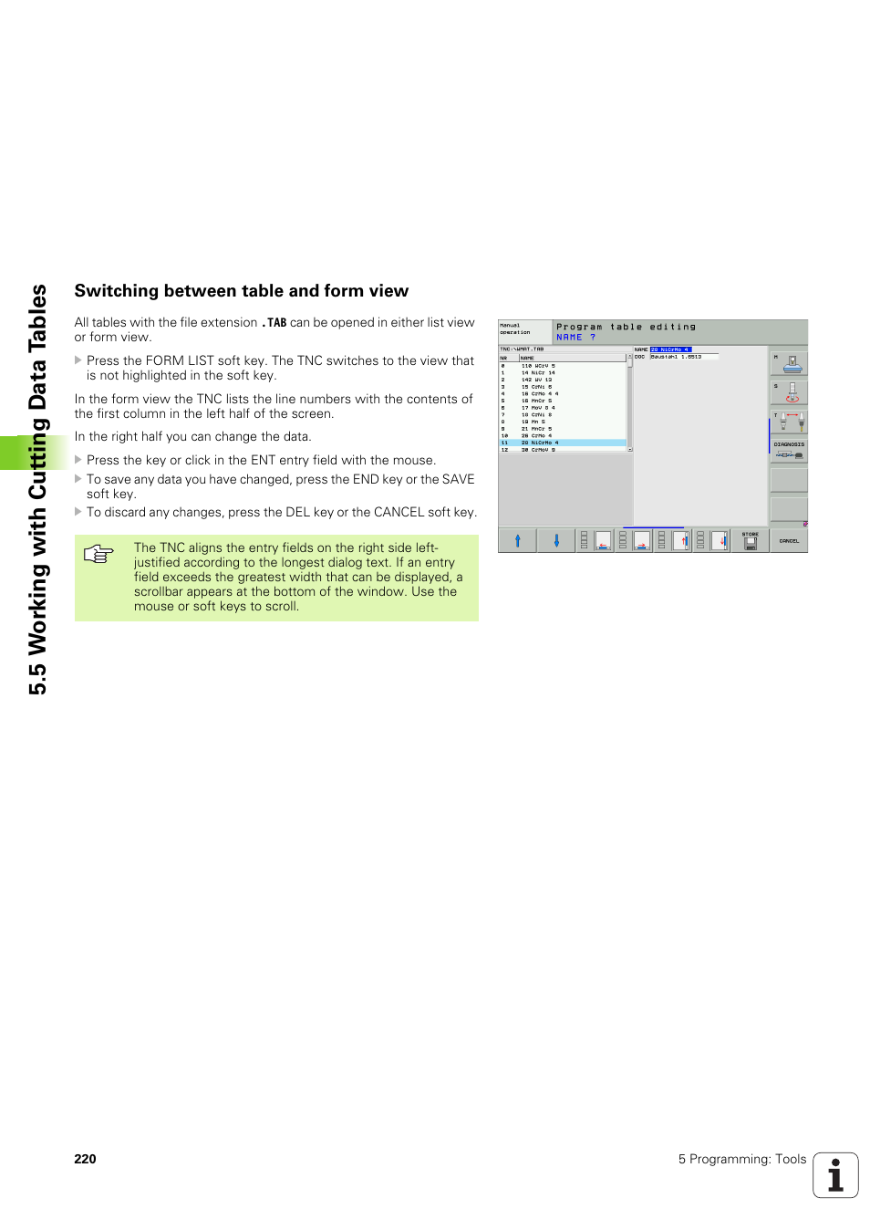 Switching between table and form view, 5 w o rk ing with cut ting d a ta t a bles | HEIDENHAIN iTNC 530 (340 49x-03) User Manual | Page 220 / 753