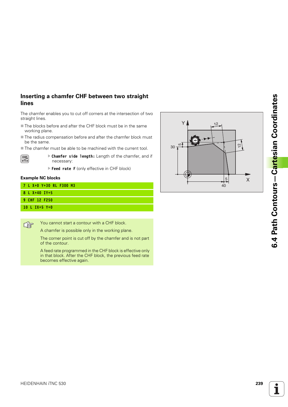 Inserting a chamfer chf between two straight lines, 4 p a th cont ours—car te sian coor dinat e s | HEIDENHAIN iTNC 530 (340 49x-03) User Manual | Page 239 / 753