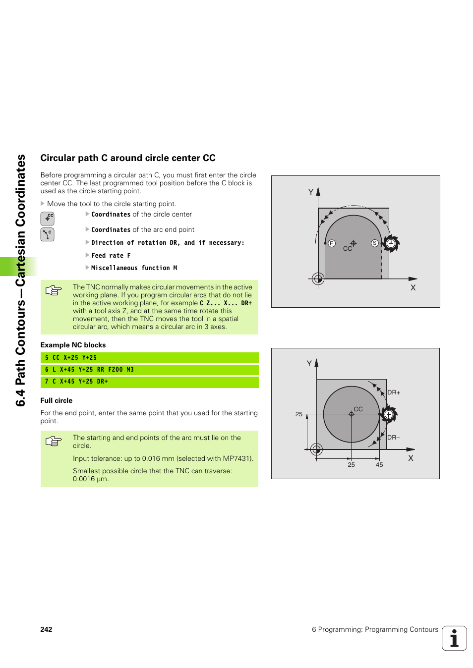 Circular path c around circle center cc, 4 p a th cont ours—car te sian coor dinat e s | HEIDENHAIN iTNC 530 (340 49x-03) User Manual | Page 242 / 753
