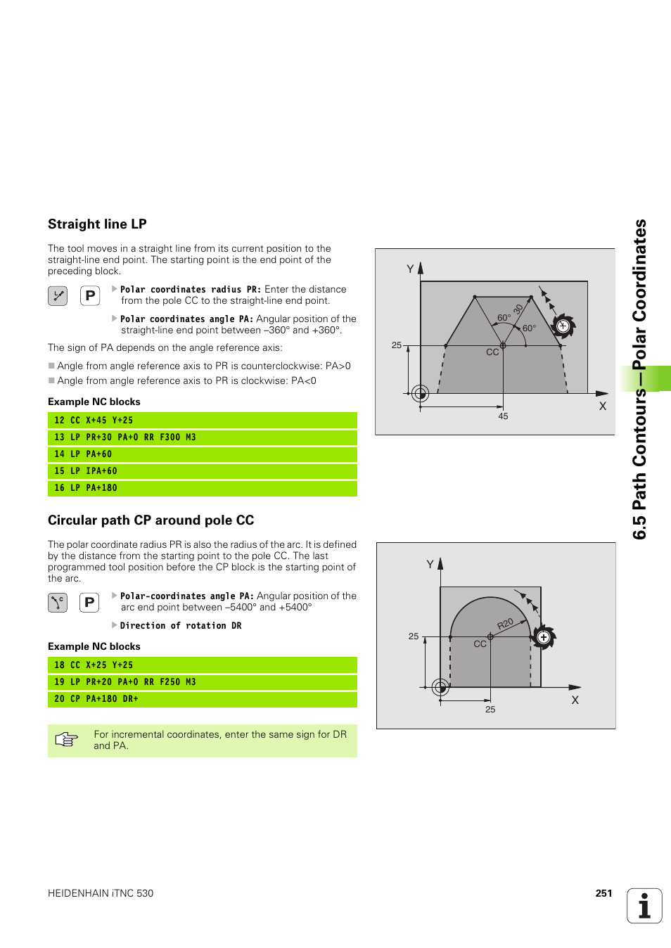 Straight line lp, Circular path cp around pole cc, 5 p a th cont ours—p olar coor dinat e s | HEIDENHAIN iTNC 530 (340 49x-03) User Manual | Page 251 / 753