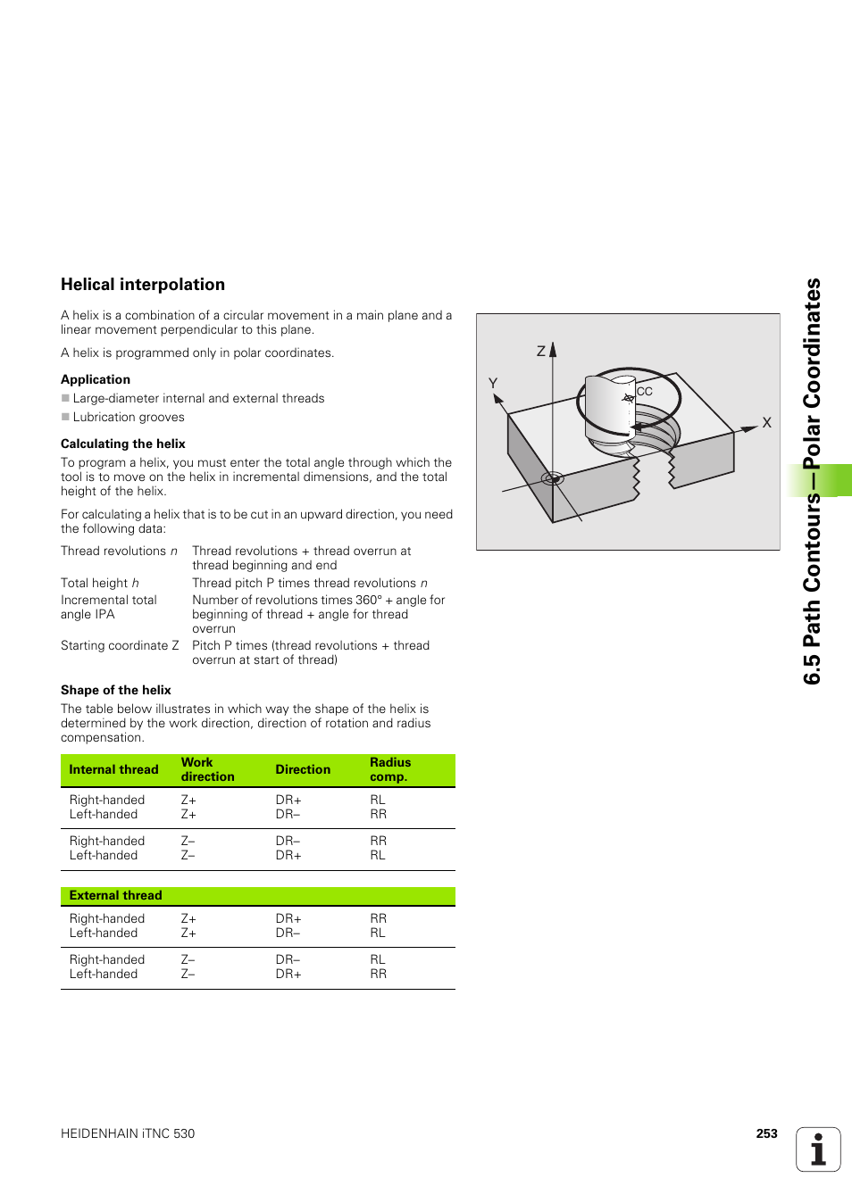 Helical interpolation, 5 p a th cont ours—p olar coor dinat e s | HEIDENHAIN iTNC 530 (340 49x-03) User Manual | Page 253 / 753