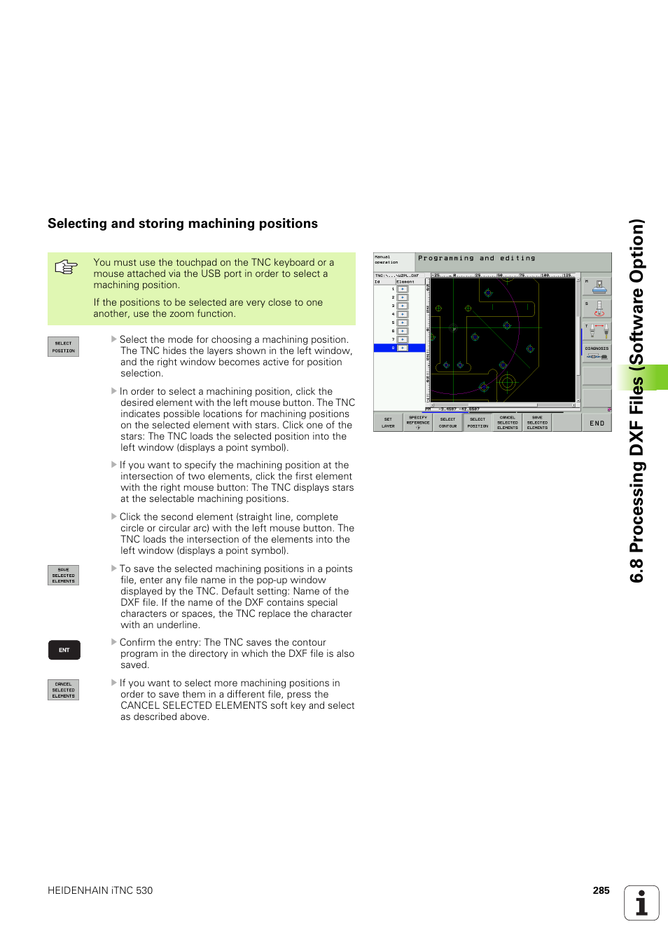 Selecting and storing machining positions, 8 pr ocessing dxf files (sof tw ar e option) | HEIDENHAIN iTNC 530 (340 49x-03) User Manual | Page 285 / 753