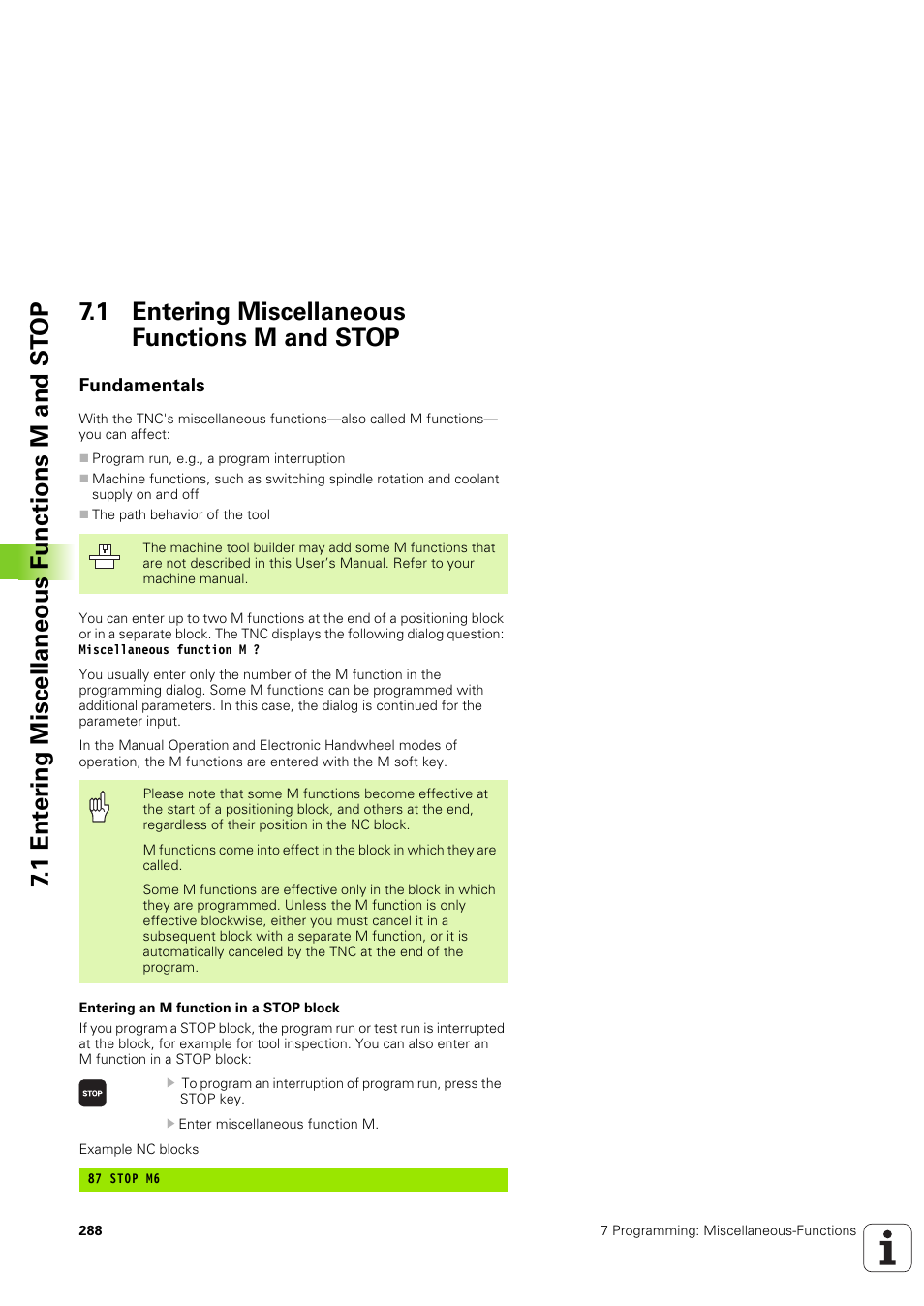 1 entering miscellaneous functions m and stop, Fundamentals | HEIDENHAIN iTNC 530 (340 49x-03) User Manual | Page 288 / 753