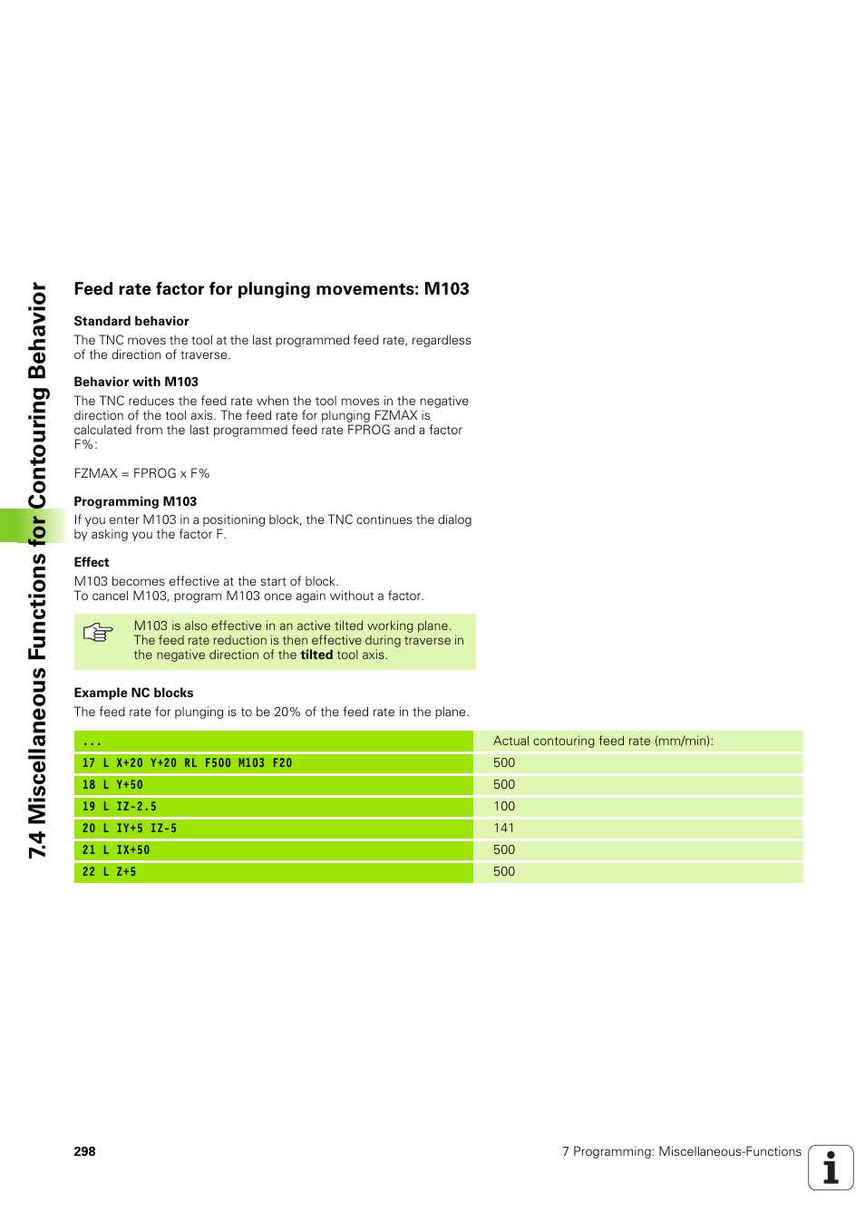 Feed rate factor for plunging movements: m103 | HEIDENHAIN iTNC 530 (340 49x-03) User Manual | Page 298 / 753