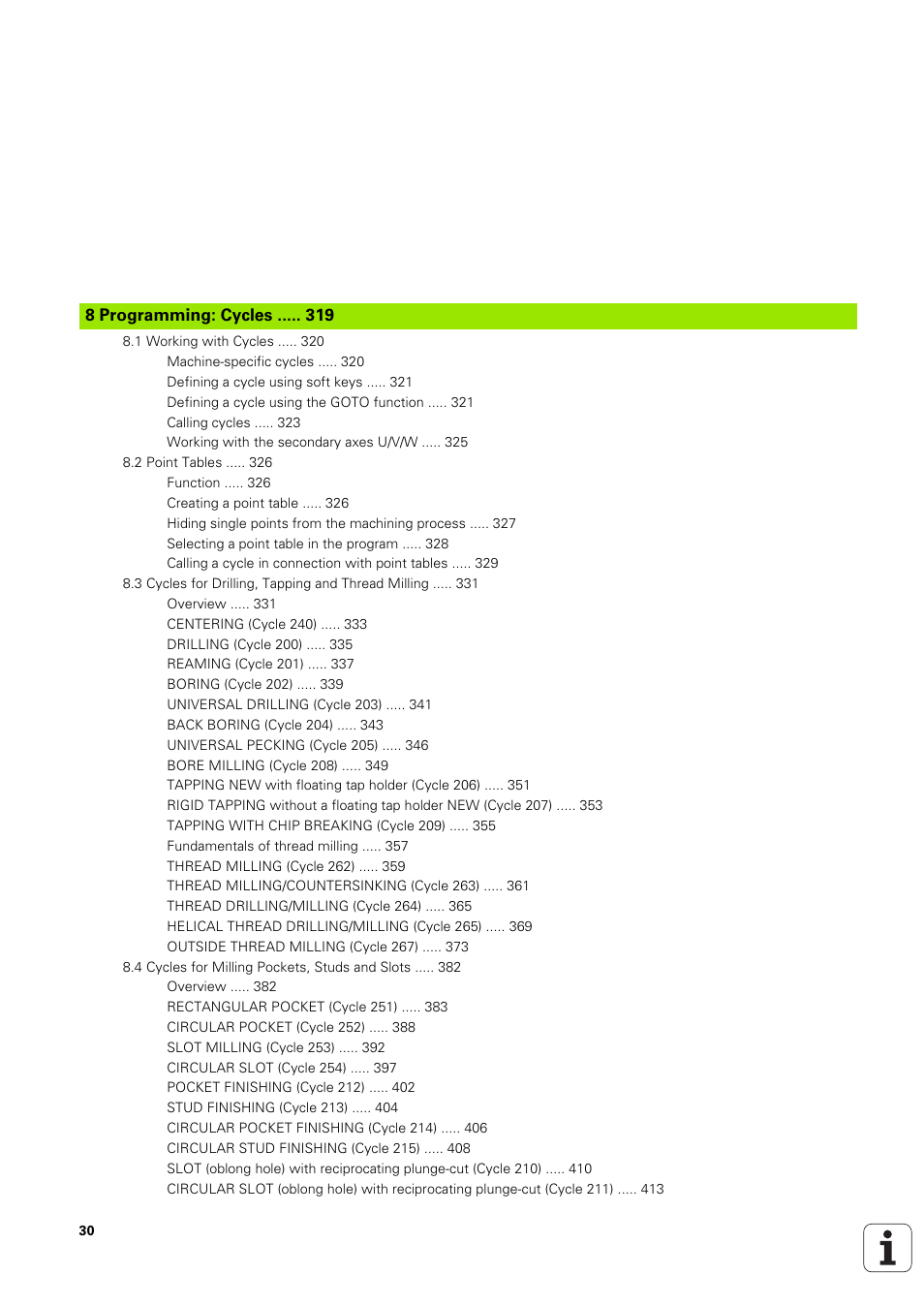 8 programming: cycles, Programming: cycles | HEIDENHAIN iTNC 530 (340 49x-03) User Manual | Page 30 / 753