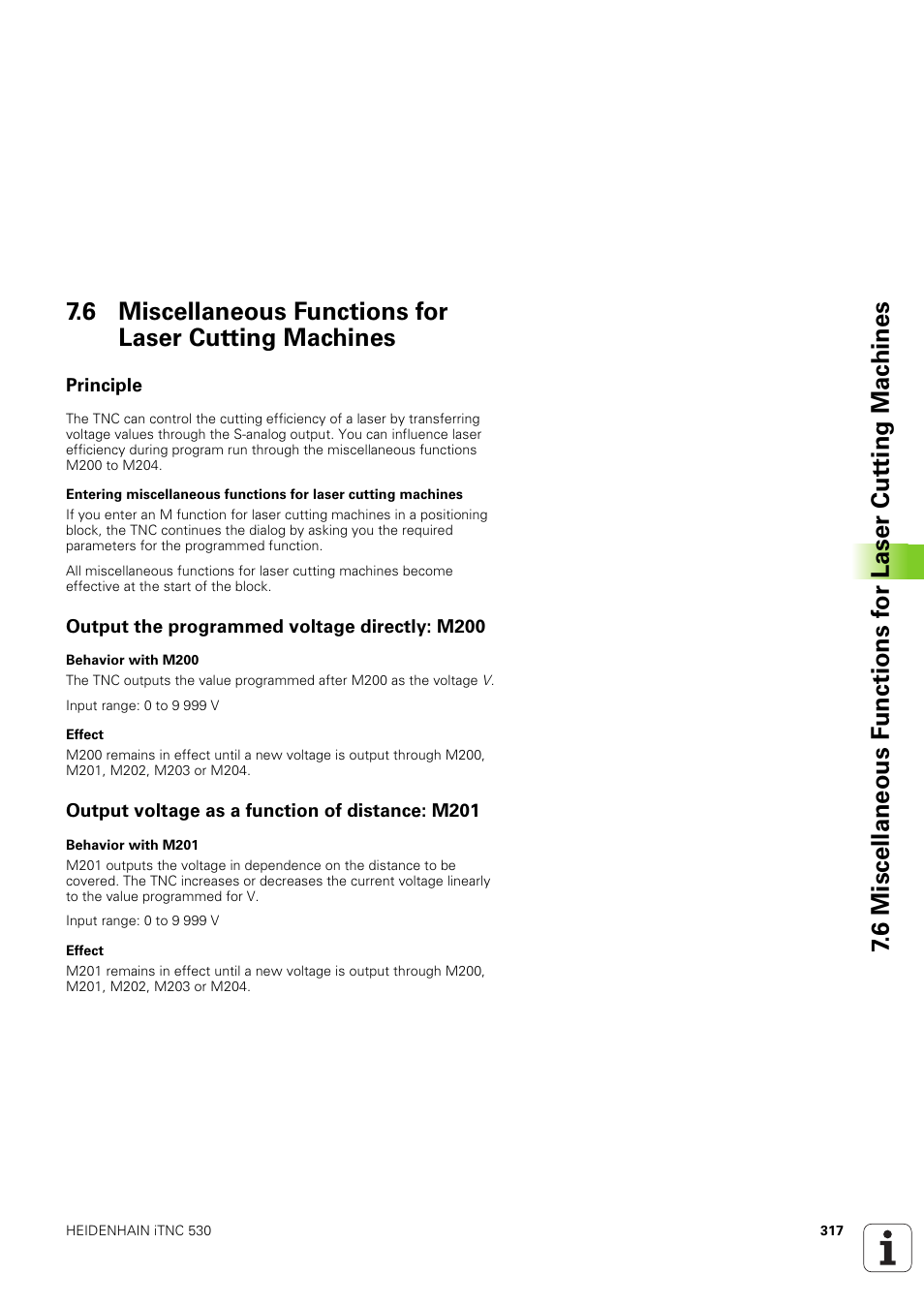 Principle, Output the programmed voltage directly: m200, Output voltage as a function of distance: m201 | HEIDENHAIN iTNC 530 (340 49x-03) User Manual | Page 317 / 753