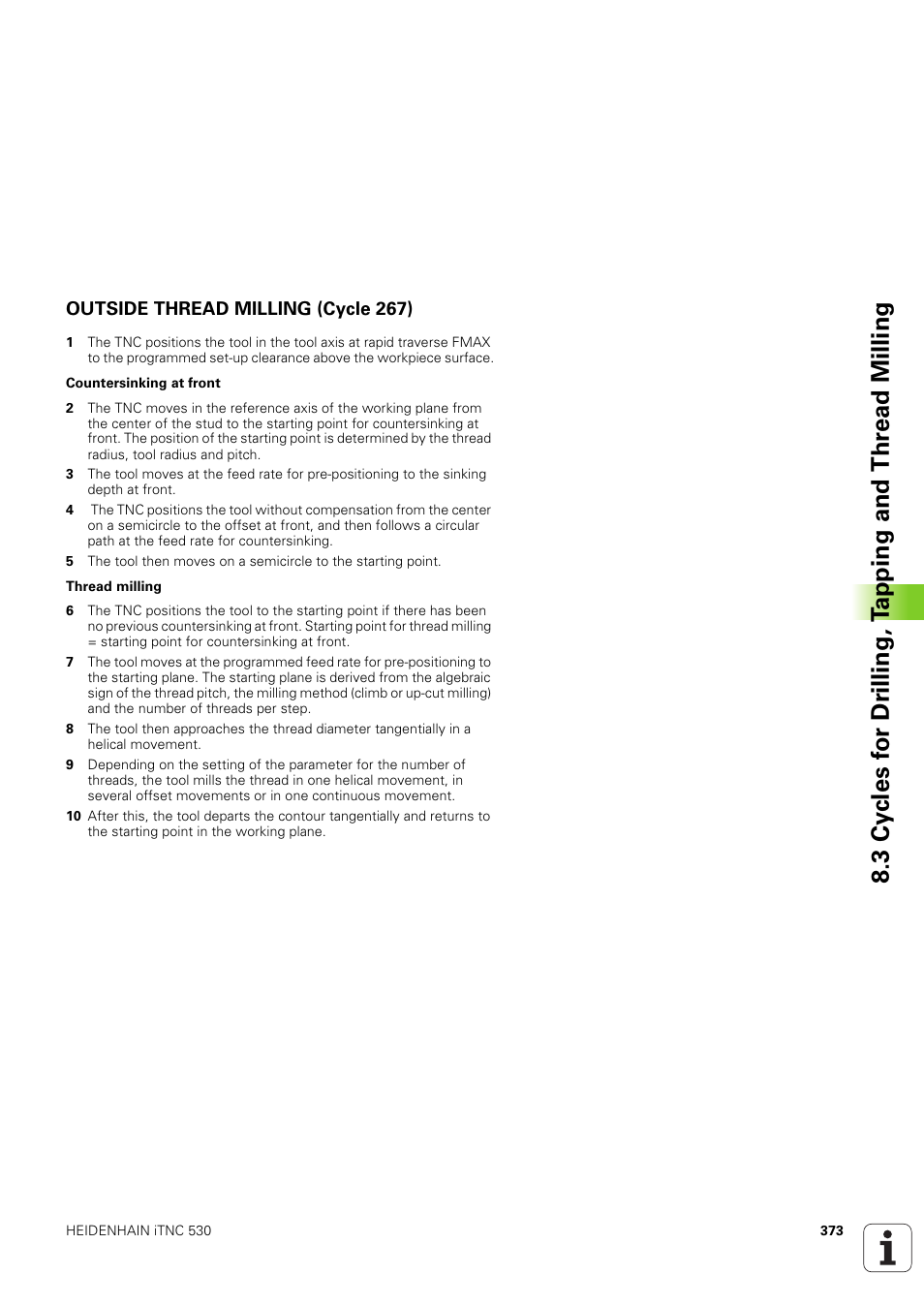 Outside thread milling (cycle 267) | HEIDENHAIN iTNC 530 (340 49x-03) User Manual | Page 373 / 753
